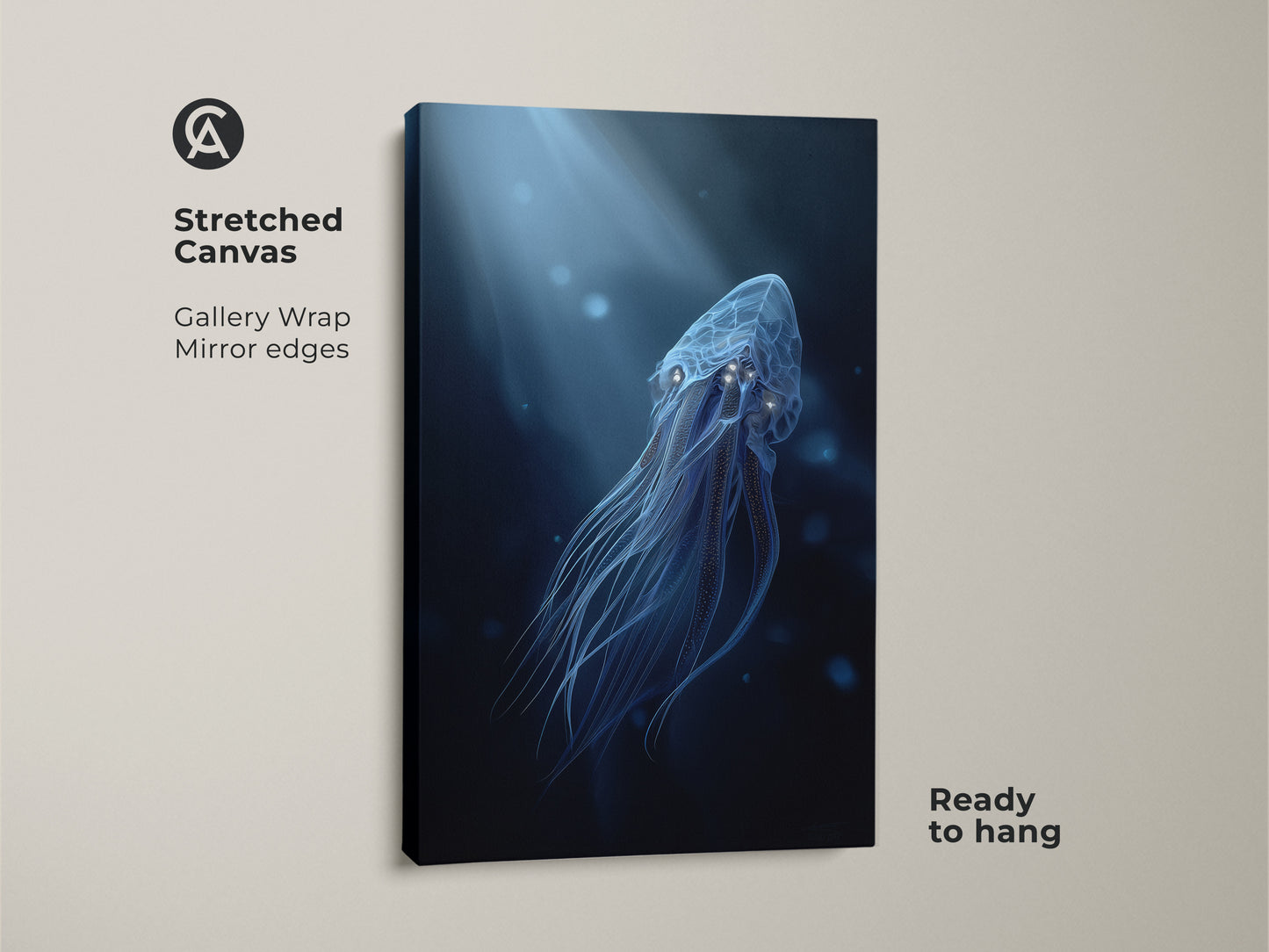 Stretched canvas featuring electric blue jellyfish art. The cyan underwater canvas print showcases surreal ocean life. Ready to hang this bioluminescence fantasy decor in your home.