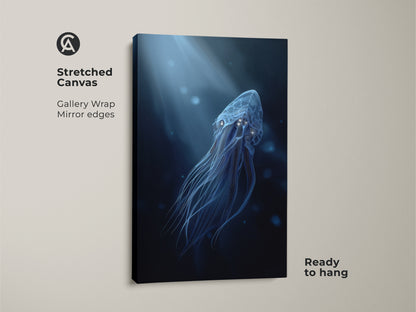 Stretched canvas featuring electric blue jellyfish art. The cyan underwater canvas print showcases surreal ocean life. Ready to hang this bioluminescence fantasy decor in your home.