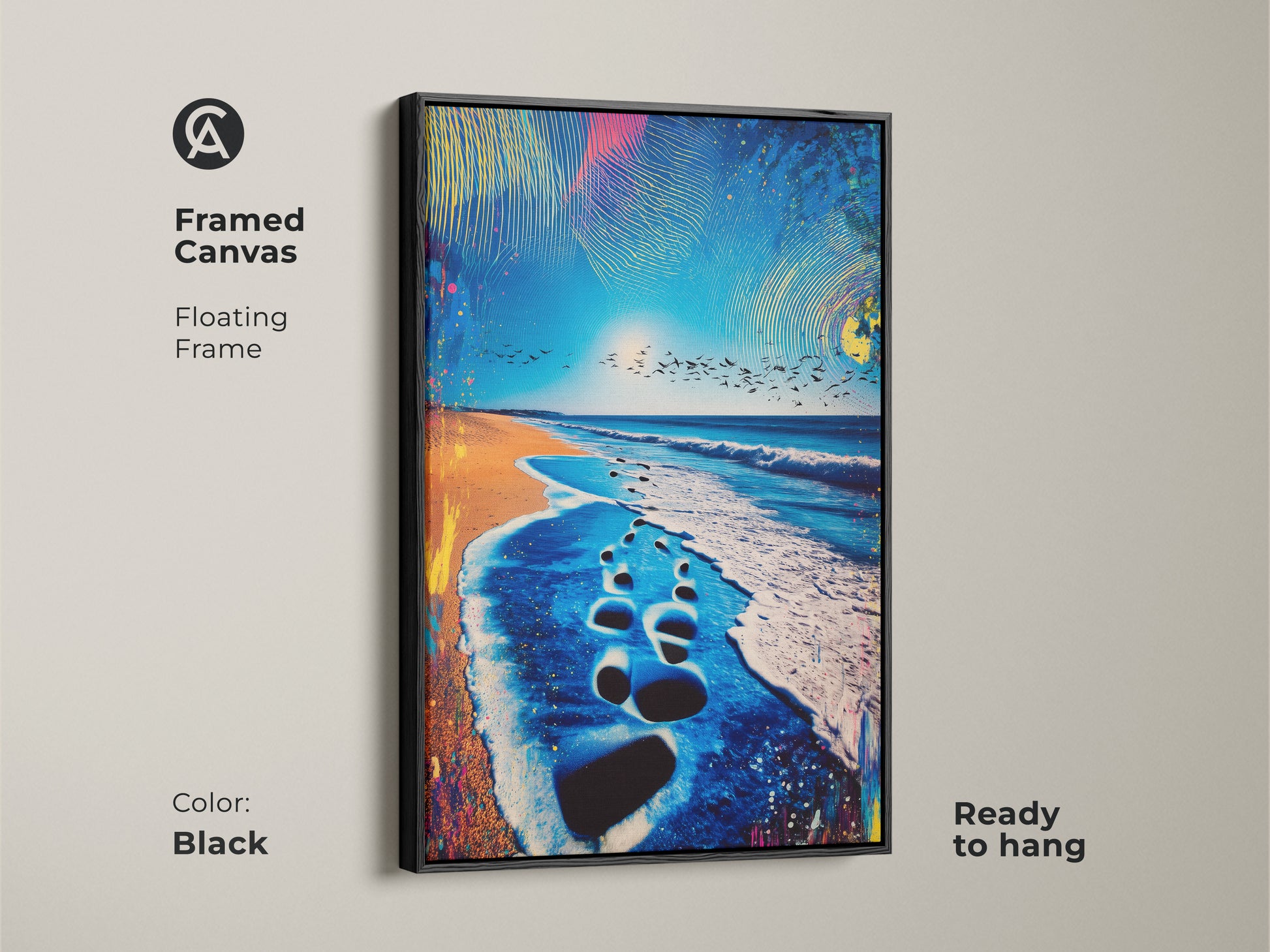 Framed canvas of abstract beach art with a black floating frame offers a coastal home decor solution ready to hang. The turquoise ocean footprints artwork adds a summer beach vibe and an eclectic artistic touch to any space.