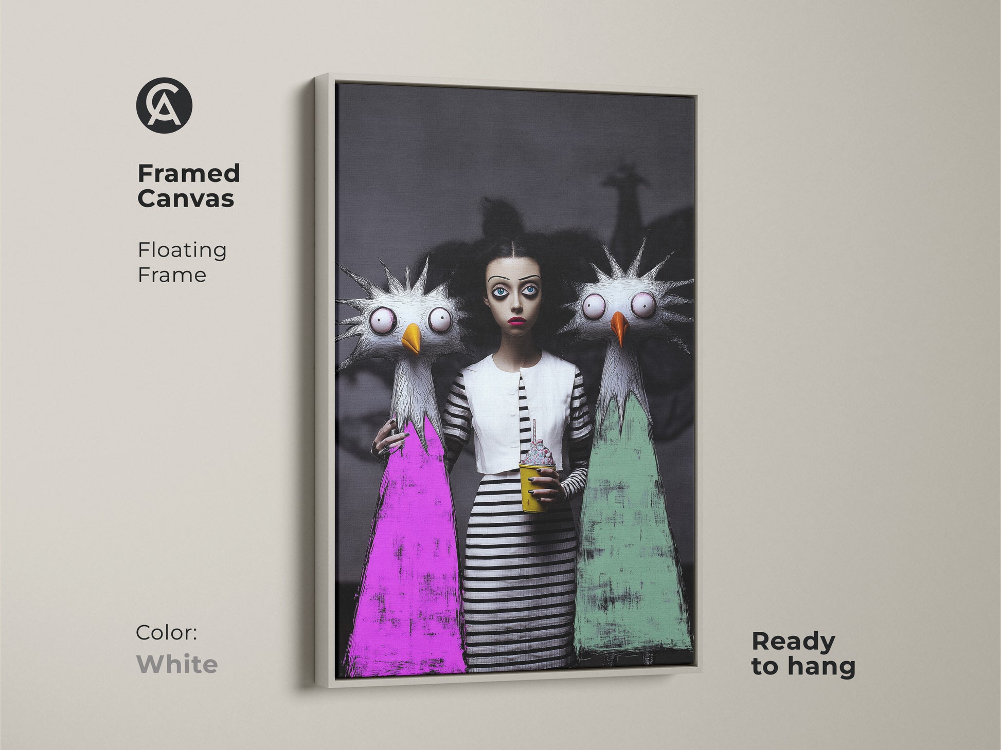 Surreal girl and monster art print in a white framed canvas. This dark fantasy artwork is a unique gift for art lovers and is ready to hang. The quirky figurative art print is a unique piece of alternative home decor.