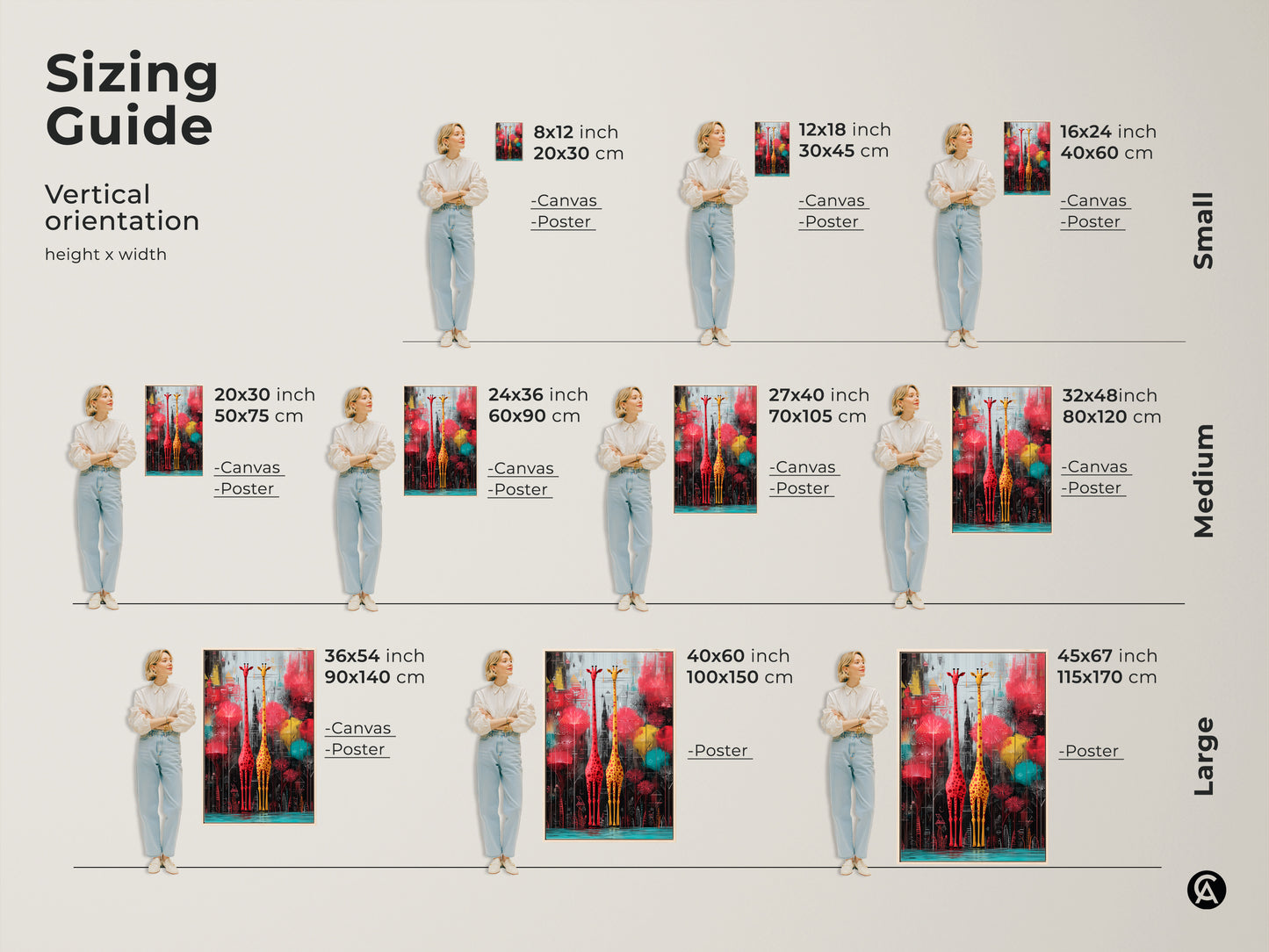 Sizing guide for vertical abstract giraffe canvas and poster prints. Available in small medium and large sizes. Find the perfect size for your space animal wall art.