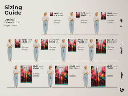 Sizing guide for vertical abstract giraffe canvas and poster prints. Available in small medium and large sizes. Find the perfect size for your space animal wall art.