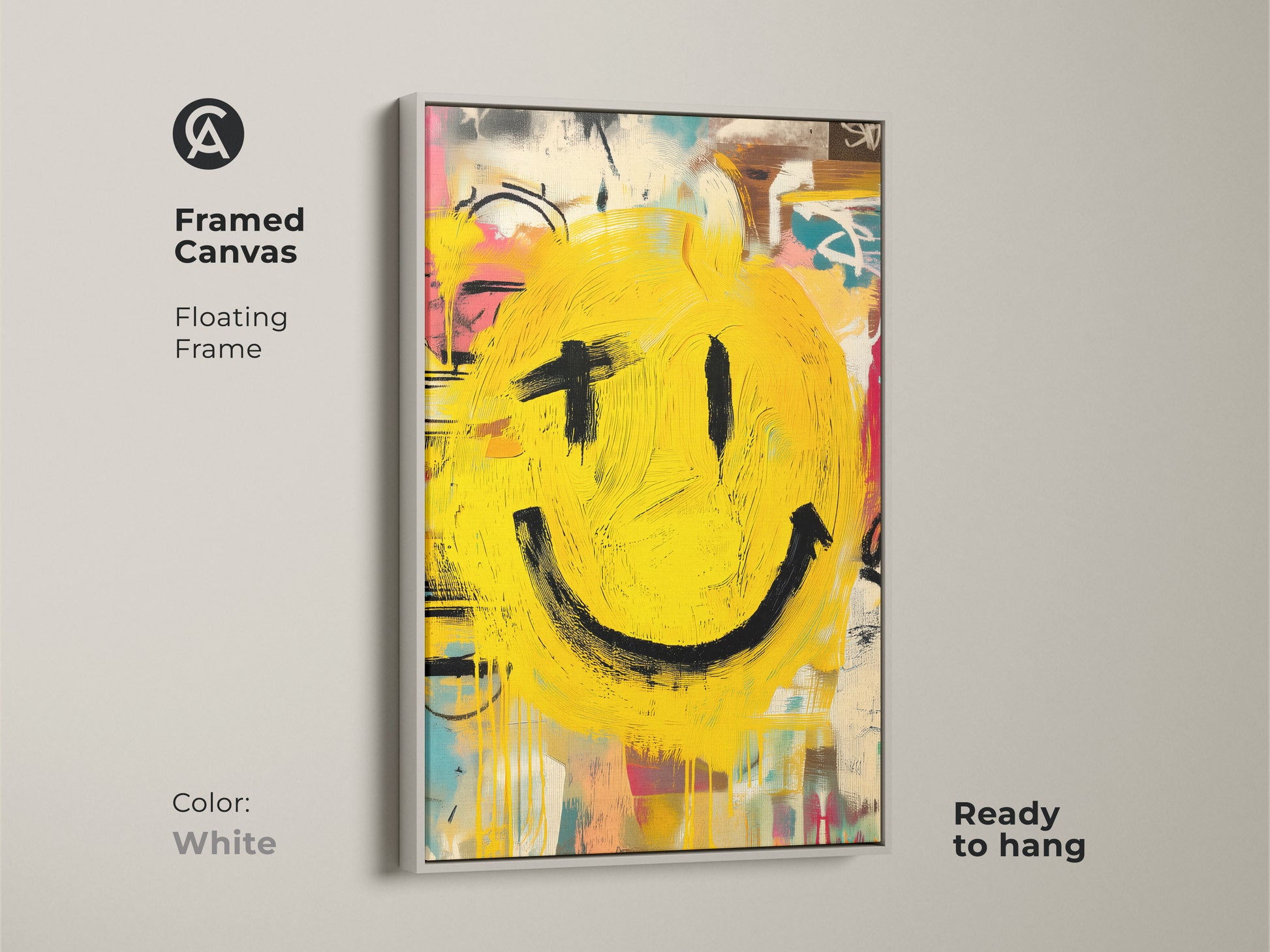 Brighten up your space with this framed canvas art featuring a vibrant smiley face. The white floating frame adds a clean modern touch. Ready to hang this artwork is perfect for any home. The bright yellow smiley face brings a cheerful and inviting vibe. Shop now and elevate your decor