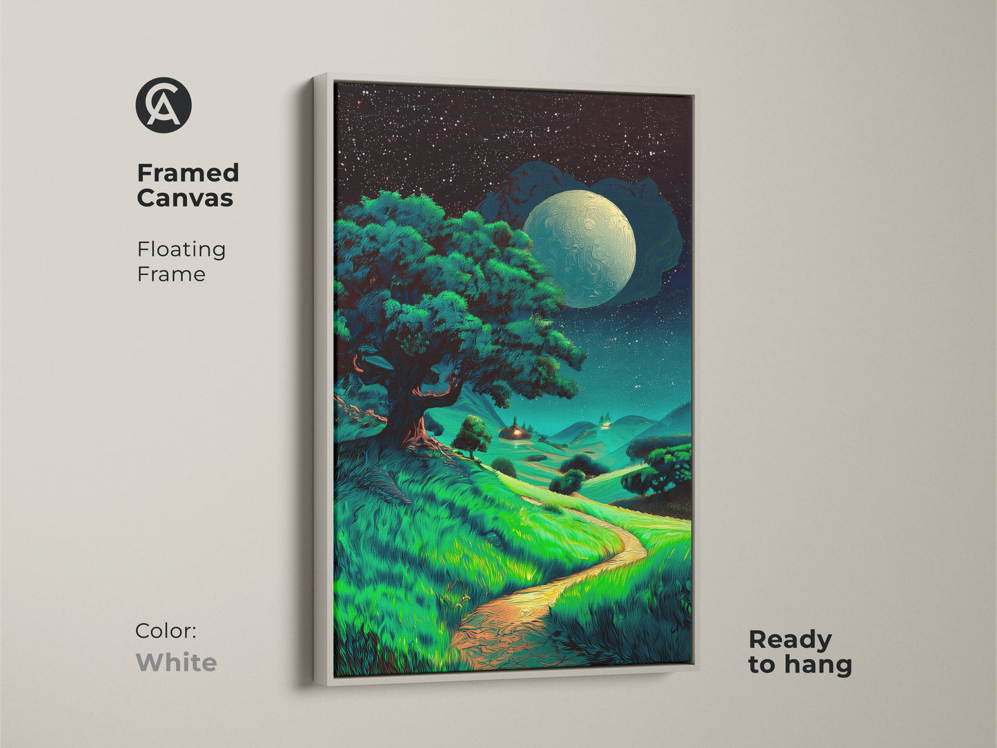 Framed canvas of moonlit tree art has a white floating frame. Displayed as starry night landscape print. Fantasy nature wall decor can bring the magical outdoors inside.
