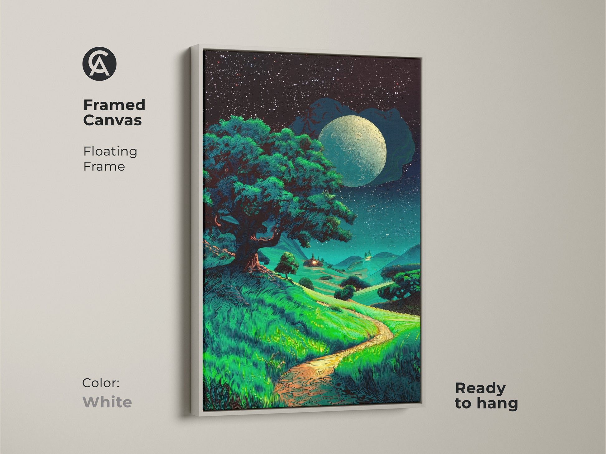 Framed canvas of moonlit tree art has a white floating frame. Displayed as starry night landscape print. Fantasy nature wall decor can bring the magical outdoors inside.