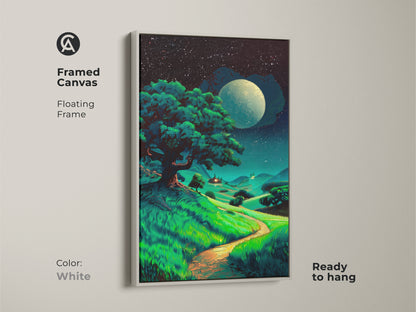 Framed canvas of moonlit tree art has a white floating frame. Displayed as starry night landscape print. Fantasy nature wall decor can bring the magical outdoors inside.
