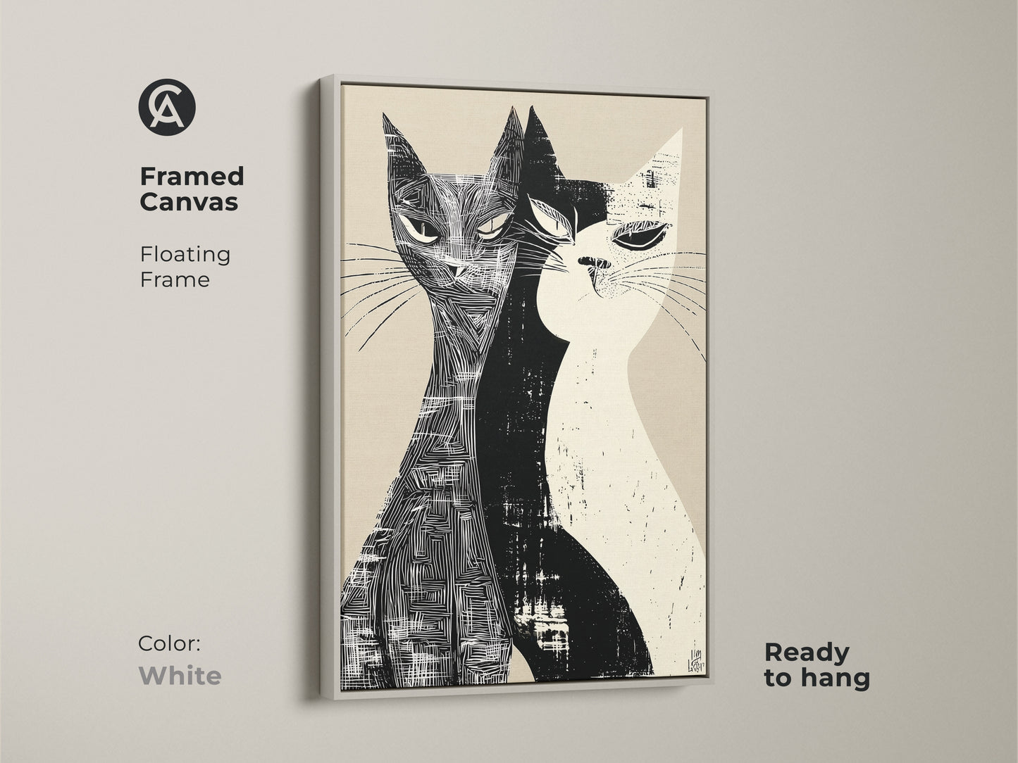 Framed canvas of a Mid-Century Modern cat art with a floating frame in white. This monochrome art print features two cats in a black and white linocut style. It's a ready-to-hang stylish home art for living rooms or bedrooms.