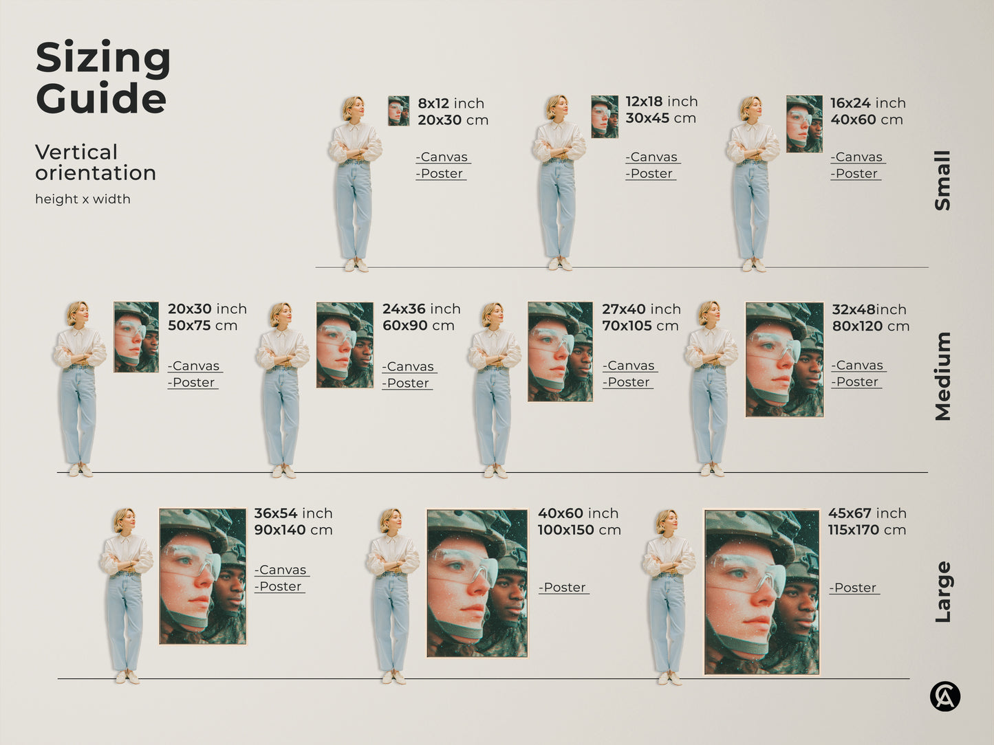 Sizing guide for canvas and poster art. Vertical orientation options are shown. Small medium and large sizes are available. Find the ideal fit for your wall. Transform your space with stunning artwork.