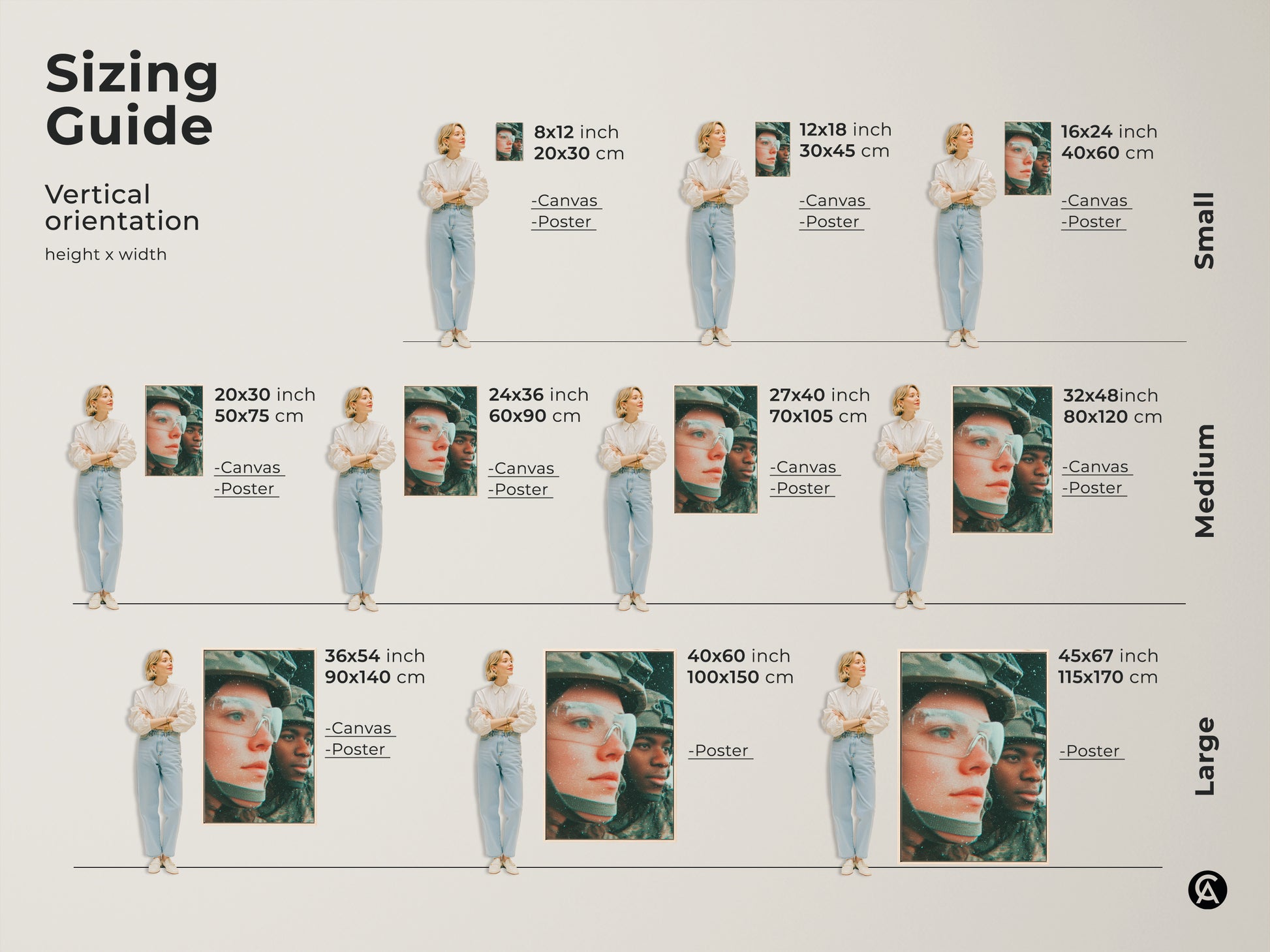Sizing guide for canvas and poster art. Vertical orientation options are shown. Small medium and large sizes are available. Find the ideal fit for your wall. Transform your space with stunning artwork.