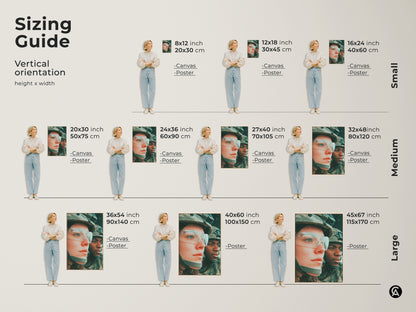 Sizing guide for canvas and poster art. Vertical orientation options are shown. Small medium and large sizes are available. Find the ideal fit for your wall. Transform your space with stunning artwork.