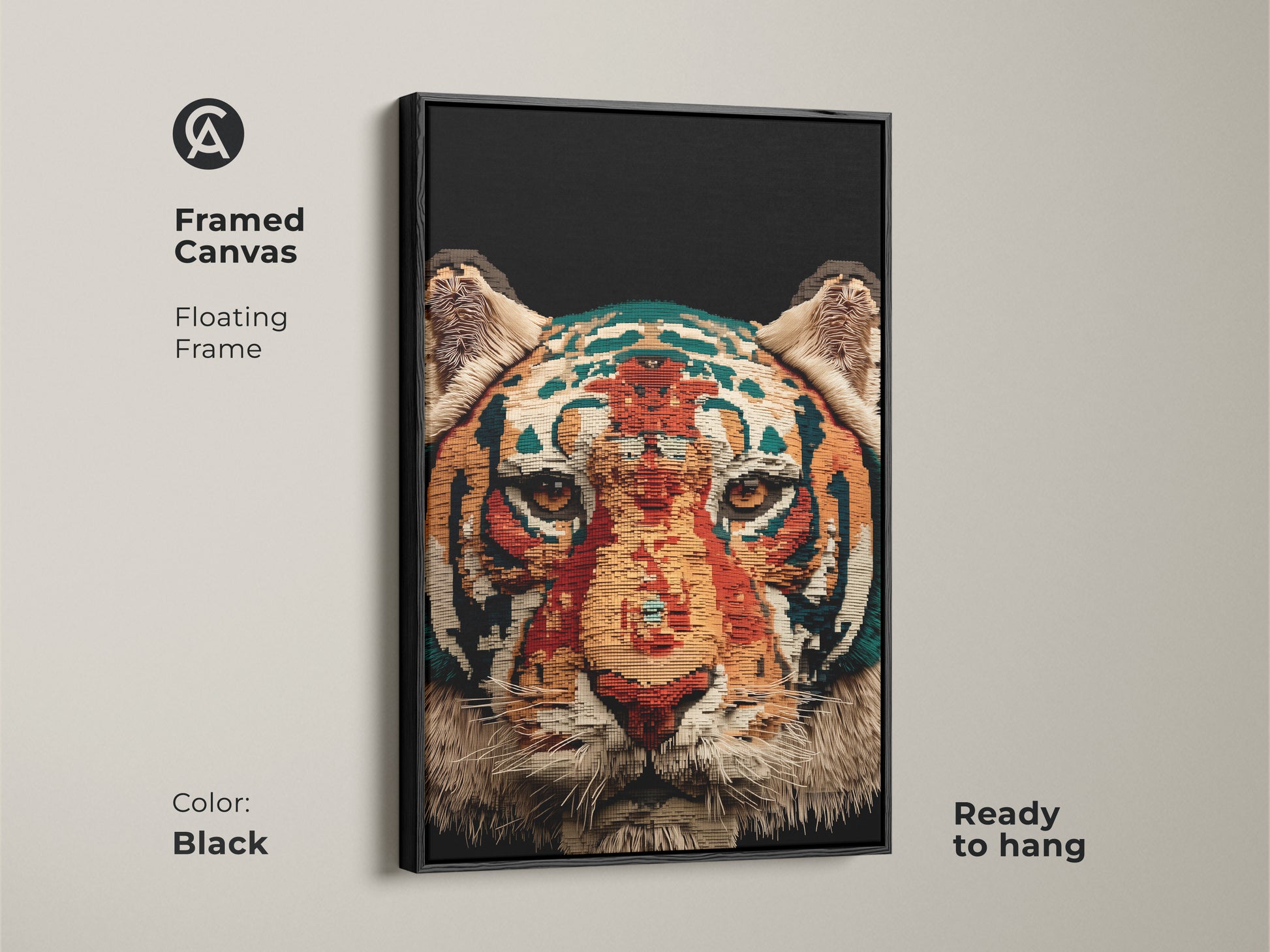 Framed canvas displaying abstract tiger face art. This floating frame enhances the geometric wildlife print. The orange gold and teal colors add a modern touch to any ready to hang decor.