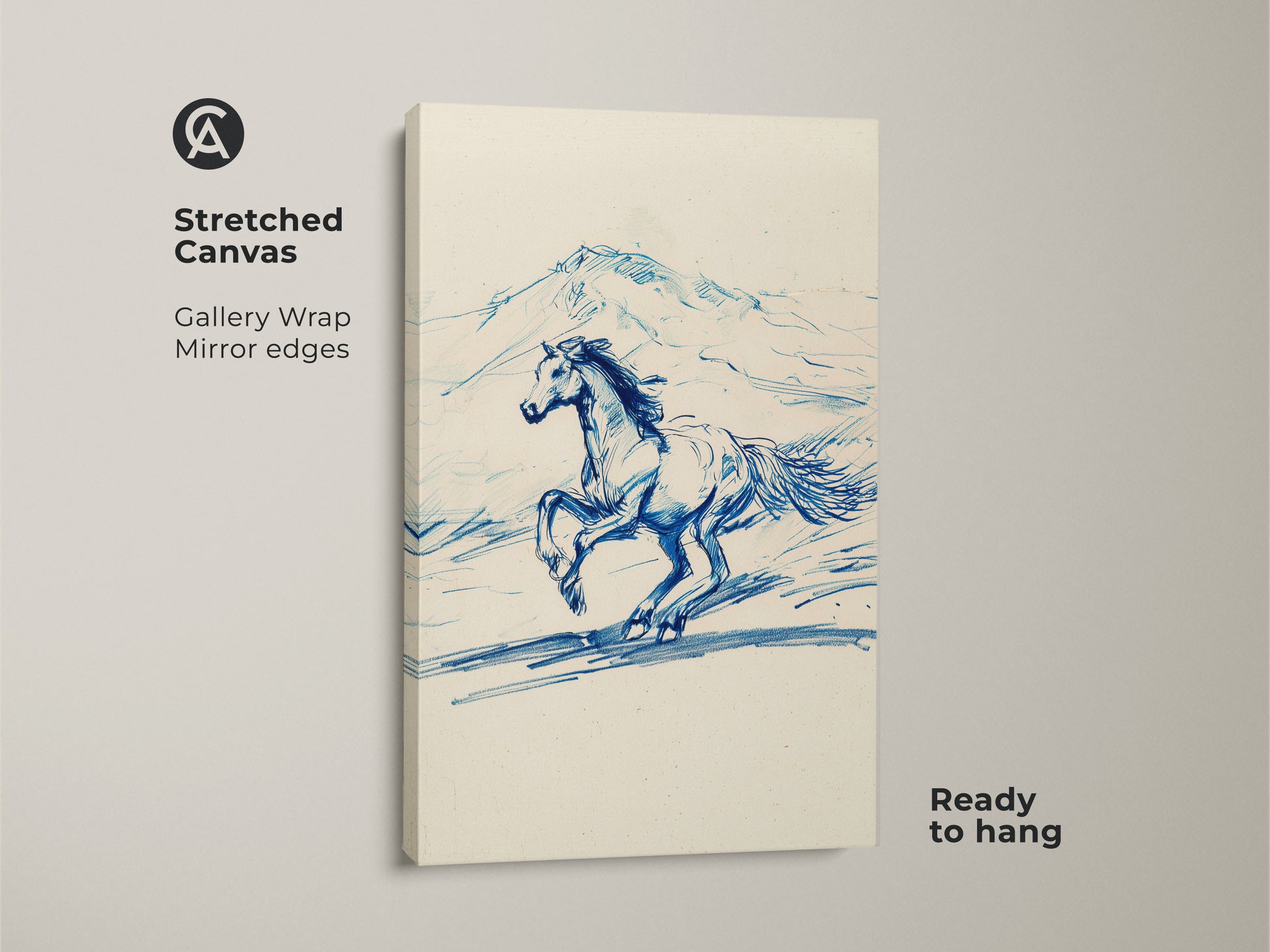 Stretched canvas featuring a blue line art horse in motion. A rustic equestrian sketch print with mirrored edges provides a gallery wrap effect. Ready to hang this running horse wall art brings a touch of country style decor to your home or is the perfect gift.