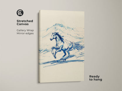Stretched canvas featuring a blue line art horse in motion. A rustic equestrian sketch print with mirrored edges provides a gallery wrap effect. Ready to hang this running horse wall art brings a touch of country style decor to your home or is the perfect gift.