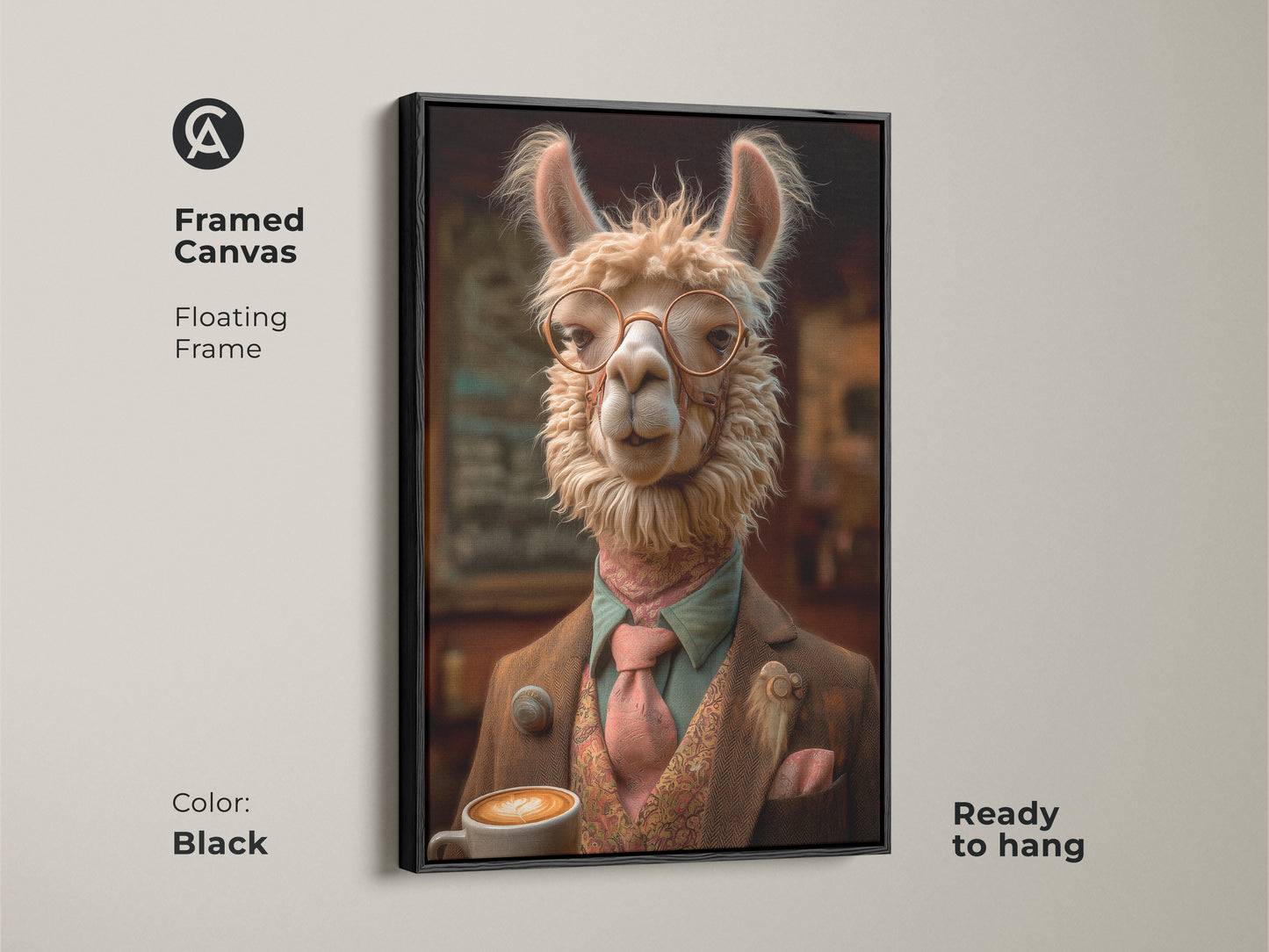 Framed Canvas with a Black floating frame displaying a Tan Llama. It's ready to hang. This artwork offers rich detail. This Eclectic Animal Portrait style is perfect for coffee lovers. It adds refined charm to any office.