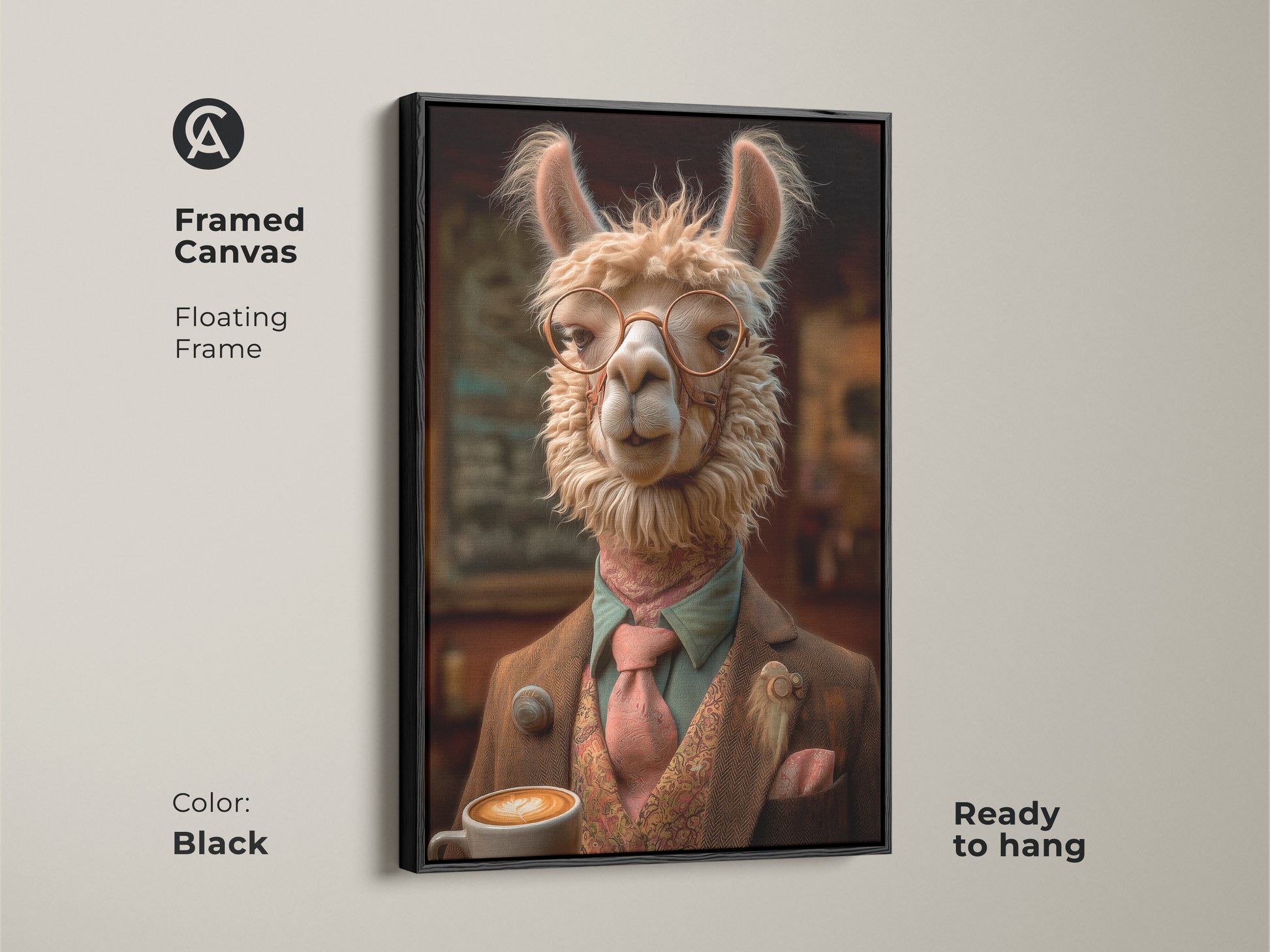 Framed Canvas with a Black floating frame displaying a Tan Llama. It's ready to hang. This artwork offers rich detail. This Eclectic Animal Portrait style is perfect for coffee lovers. It adds refined charm to any office.