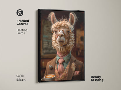 Framed Canvas with a Black floating frame displaying a Tan Llama. It's ready to hang. This artwork offers rich detail. This Eclectic Animal Portrait style is perfect for coffee lovers. It adds refined charm to any office.