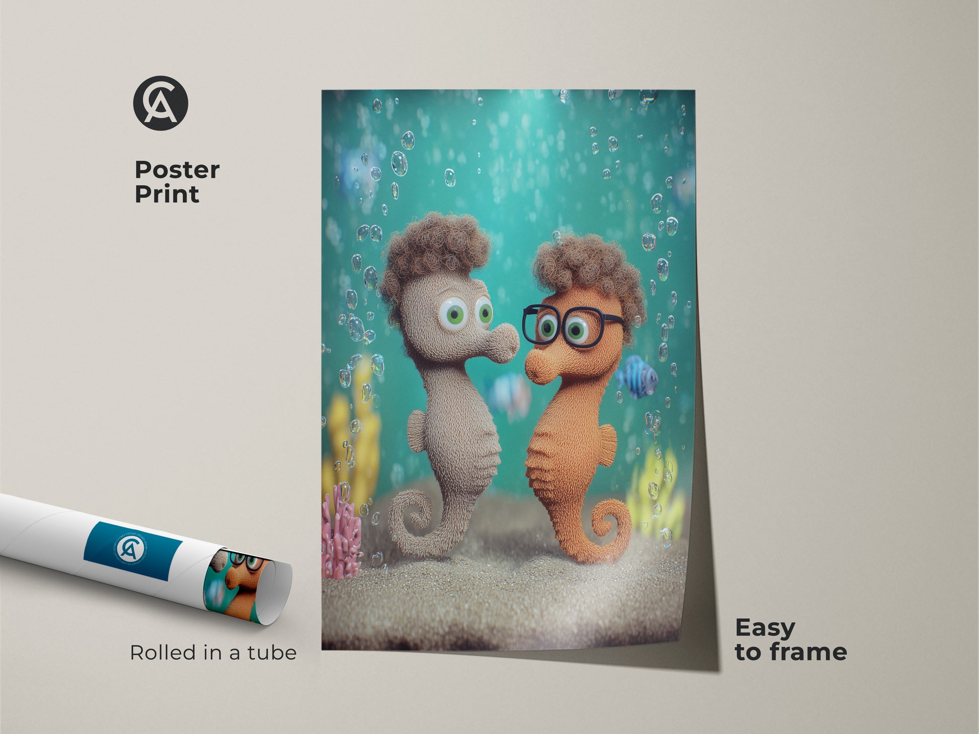 Poster Print of a cute seahorse couple art print. It features cartoon animal nursery decor with a teal green bubble canvas. This whimsical ocean theme artwork is rolled in a tube. Easy to frame.
