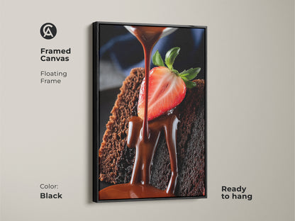 Framed canvas of rich chocolate cake art. It has a floating frame in black. It is ready to hang. This gourmet dessert canvas is perfect for kitchen food photography.