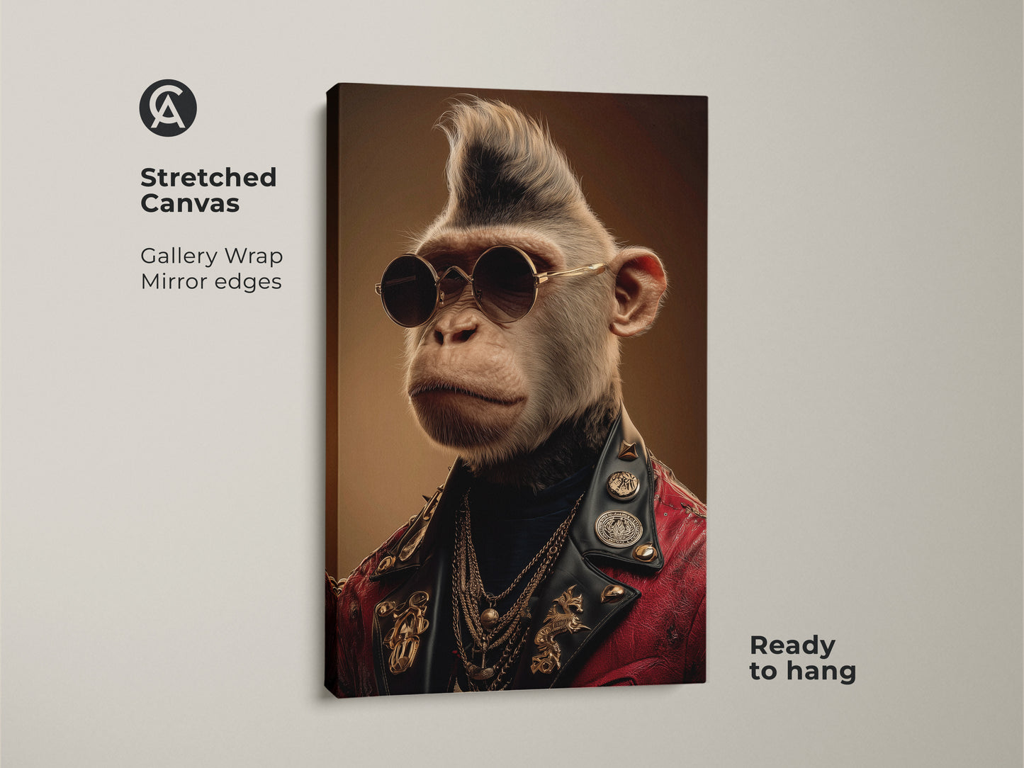 This stretched canvas print features a rockstar monkey. Gallery wrapped with mirrored edges this punk rock animal print is ready to hang. It is a great gift for music lovers. 