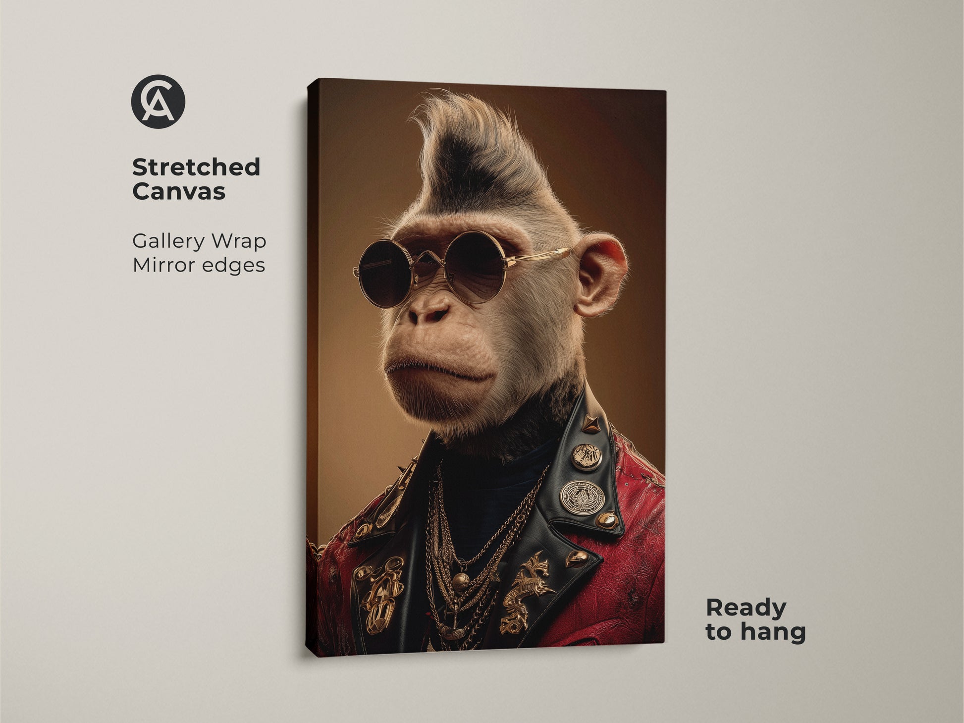 This stretched canvas print features a rockstar monkey. Gallery wrapped with mirrored edges this punk rock animal print is ready to hang. It is a great gift for music lovers. 