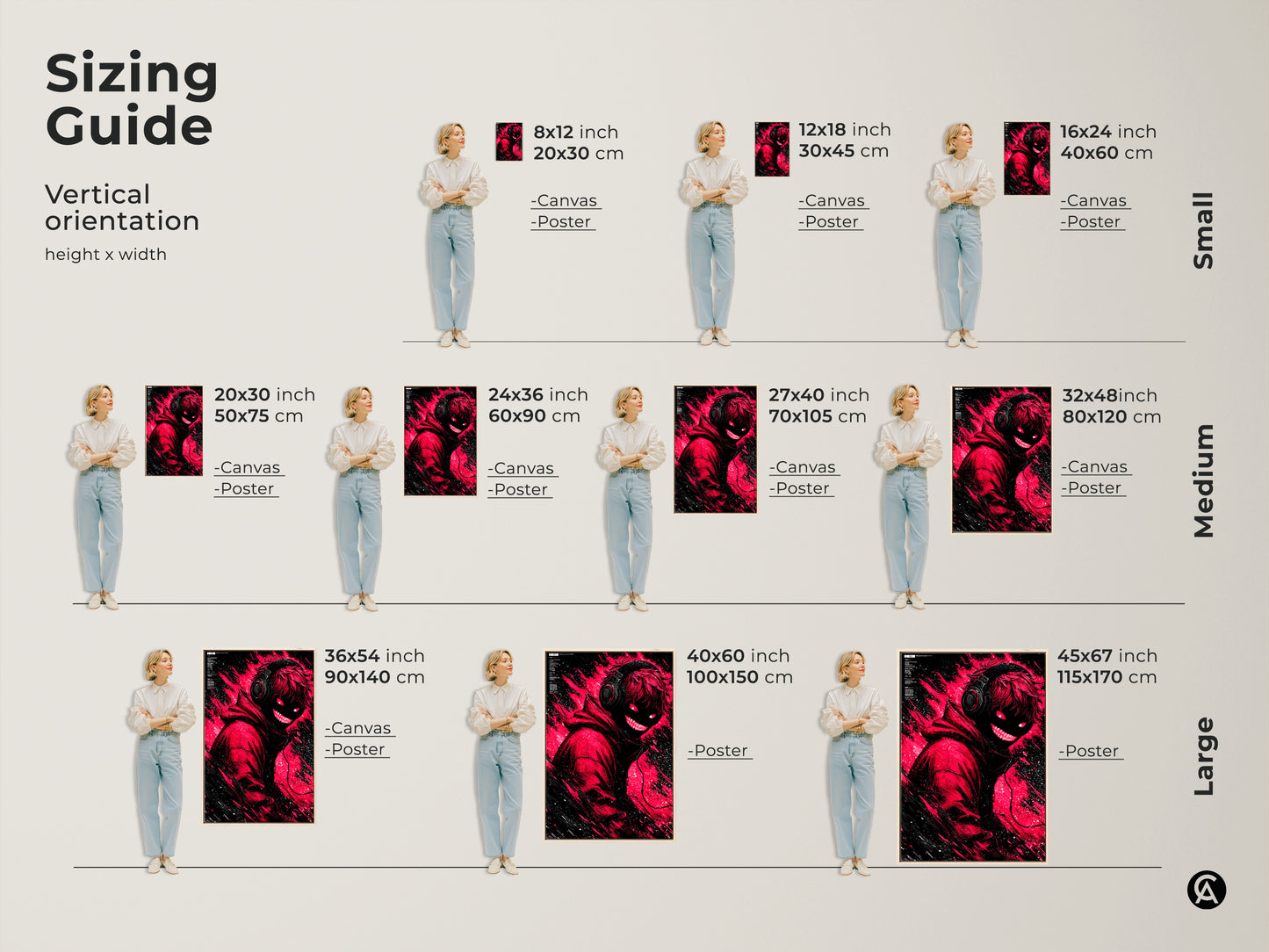 Sizing guide for the vertical red and black artwork. This guide shows canvas and poster print sizes. The artwork features a figure with headphones and glowing red eyes. Find the perfect size for your space.