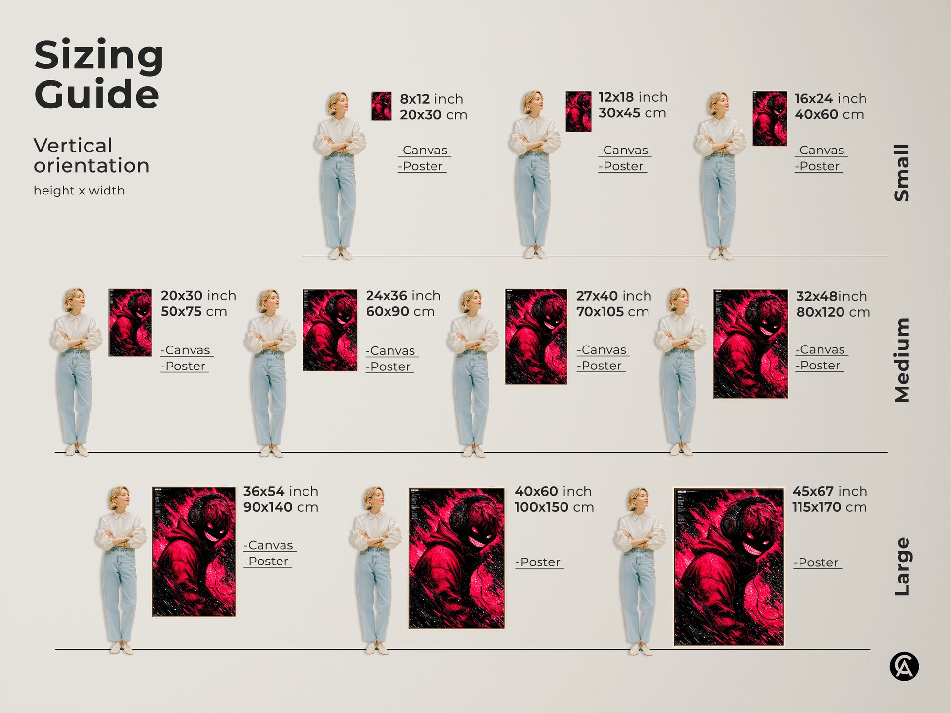 Sizing guide for the vertical red and black artwork. This guide shows canvas and poster print sizes. The artwork features a figure with headphones and glowing red eyes. Find the perfect size for your space.