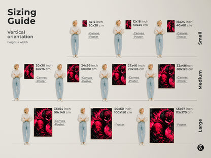 Sizing guide for the vertical red and black artwork. This guide shows canvas and poster print sizes. The artwork features a figure with headphones and glowing red eyes. Find the perfect size for your space.