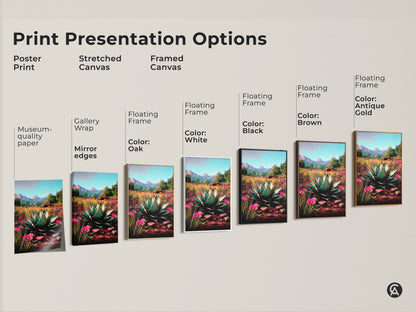 Explore print presentation options featuring poster prints stretched canvas art and framed canvas. Select floating frames in various colors. Museum-quality paper and mirror edges enhance each piece. Each showcases an agave plant and desert flowers art.