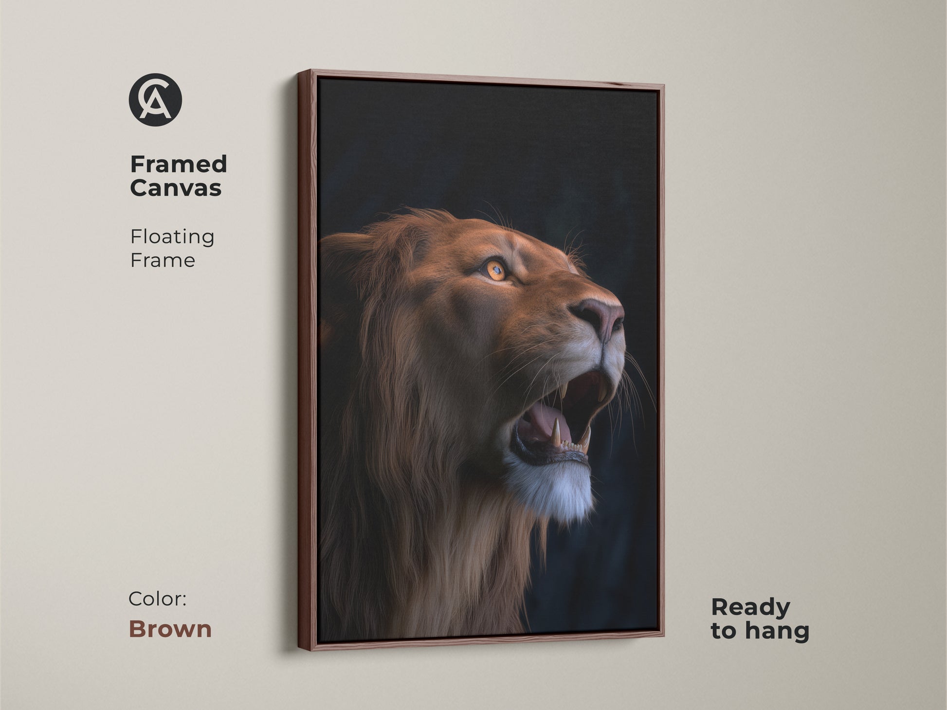 Framed canvas artwork of a photorealistic lion with a brown floating frame. This wildlife animal art is ready to hang. The orange and yellow tones enhance this roaring lion poster. It makes a unique birthday present art for lion enthusiasts.