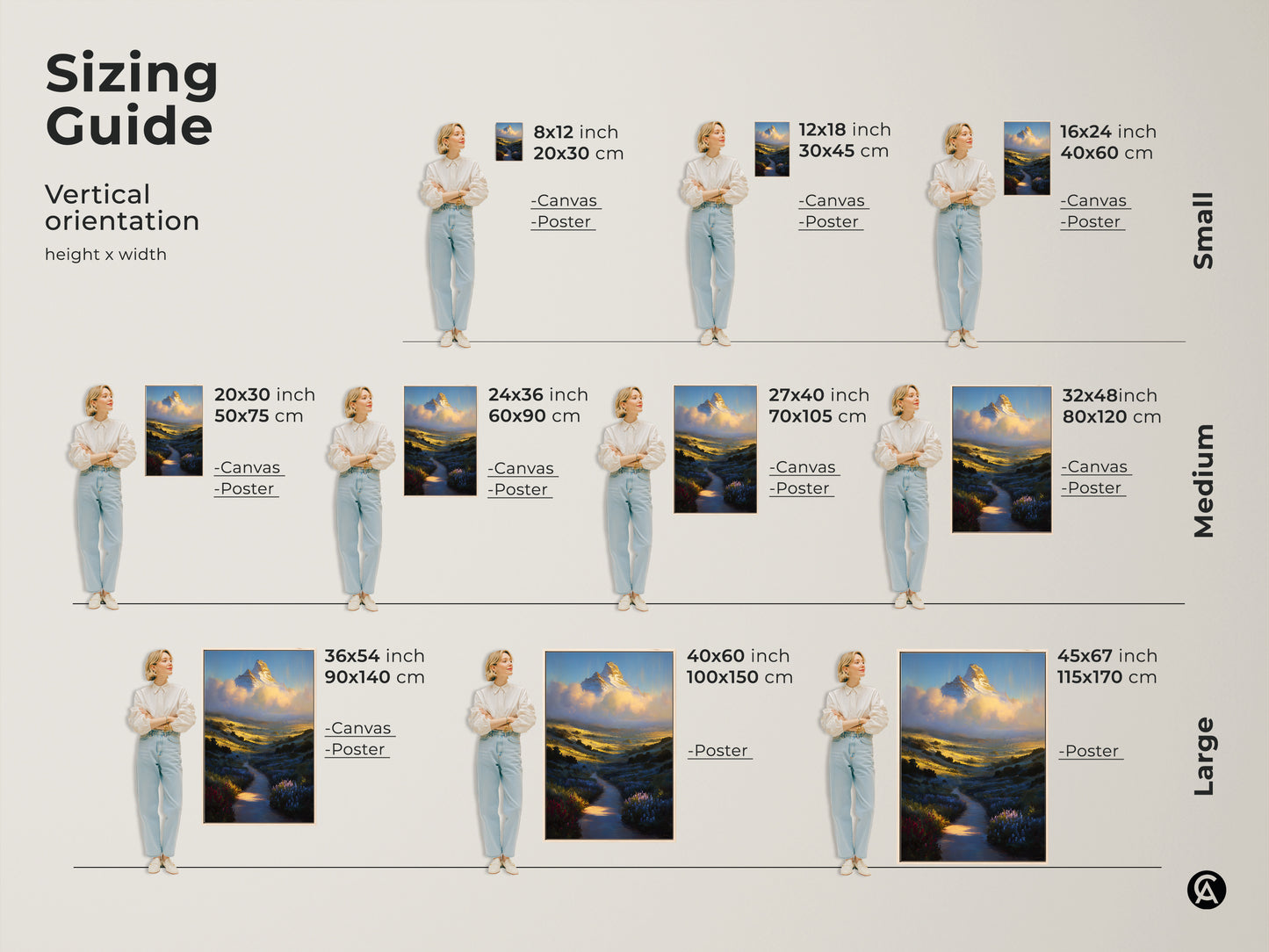 Sizing guide for vertical mountain landscape canvas and poster artwork. Small medium and large sizes are available. Find the perfect fit for your space with dimensions in inches and centimeters. Transform your walls today.
