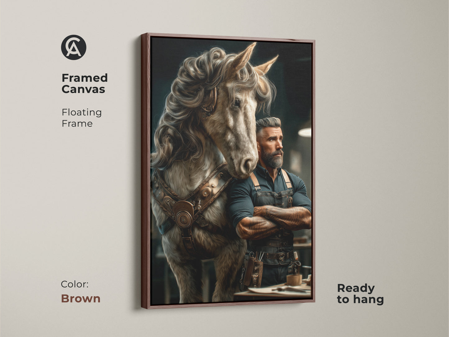 Framed canvas showcasing a steampunk man and horse. The floating frame is brown. This fantasy artwork is ready to hang. The piece of eclectic wall decor is ideal for a study room. It is a unique office decor gift. This is a special present for horse lovers.