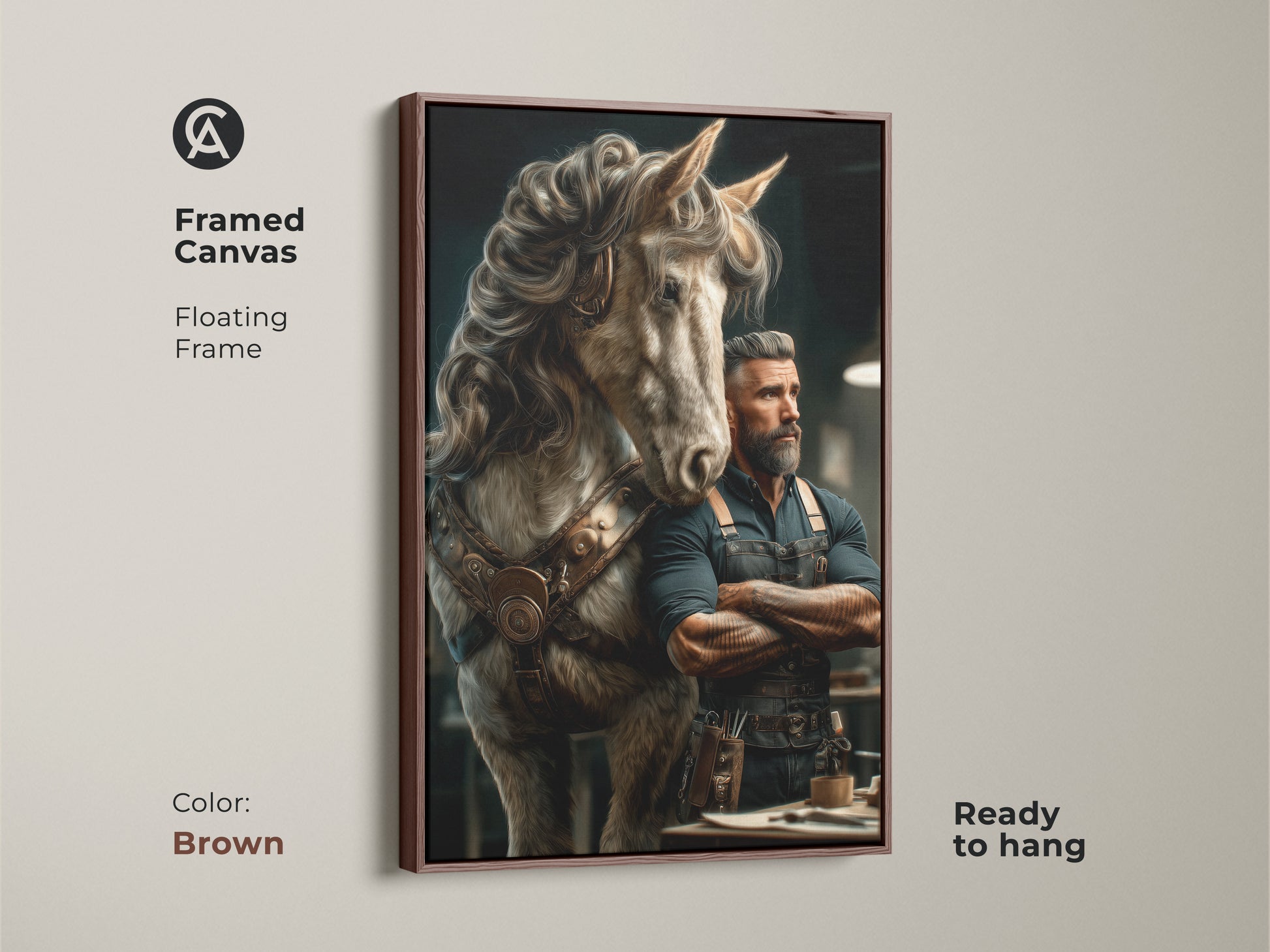Framed canvas showcasing a steampunk man and horse. The floating frame is brown. This fantasy artwork is ready to hang. The piece of eclectic wall decor is ideal for a study room. It is a unique office decor gift. This is a special present for horse lovers.