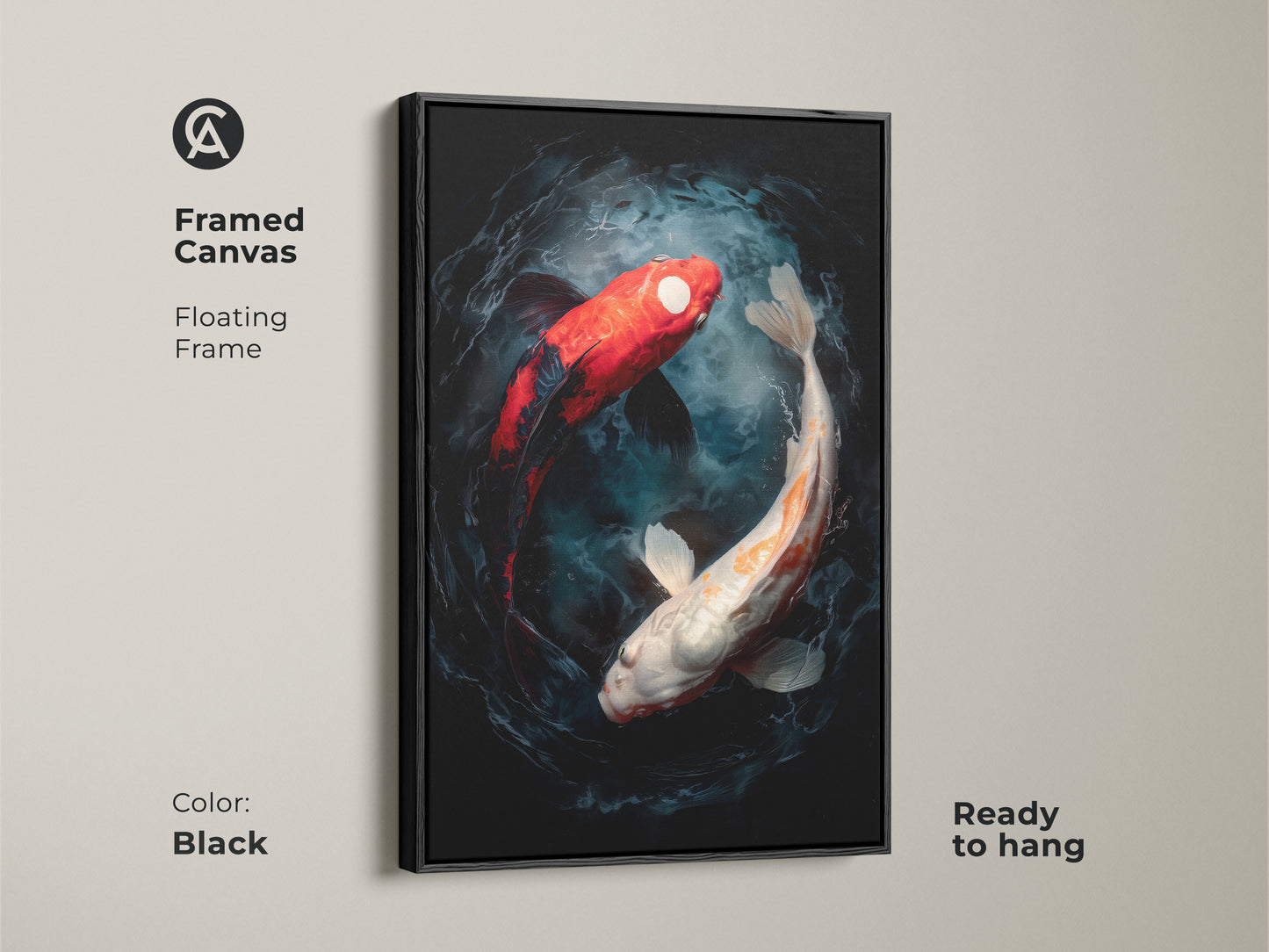 A framed canvas print of two koi fish swimming in a yin and yang formation. The artwork is modern and the frame is black. This floating frame canvas art is ready to hang