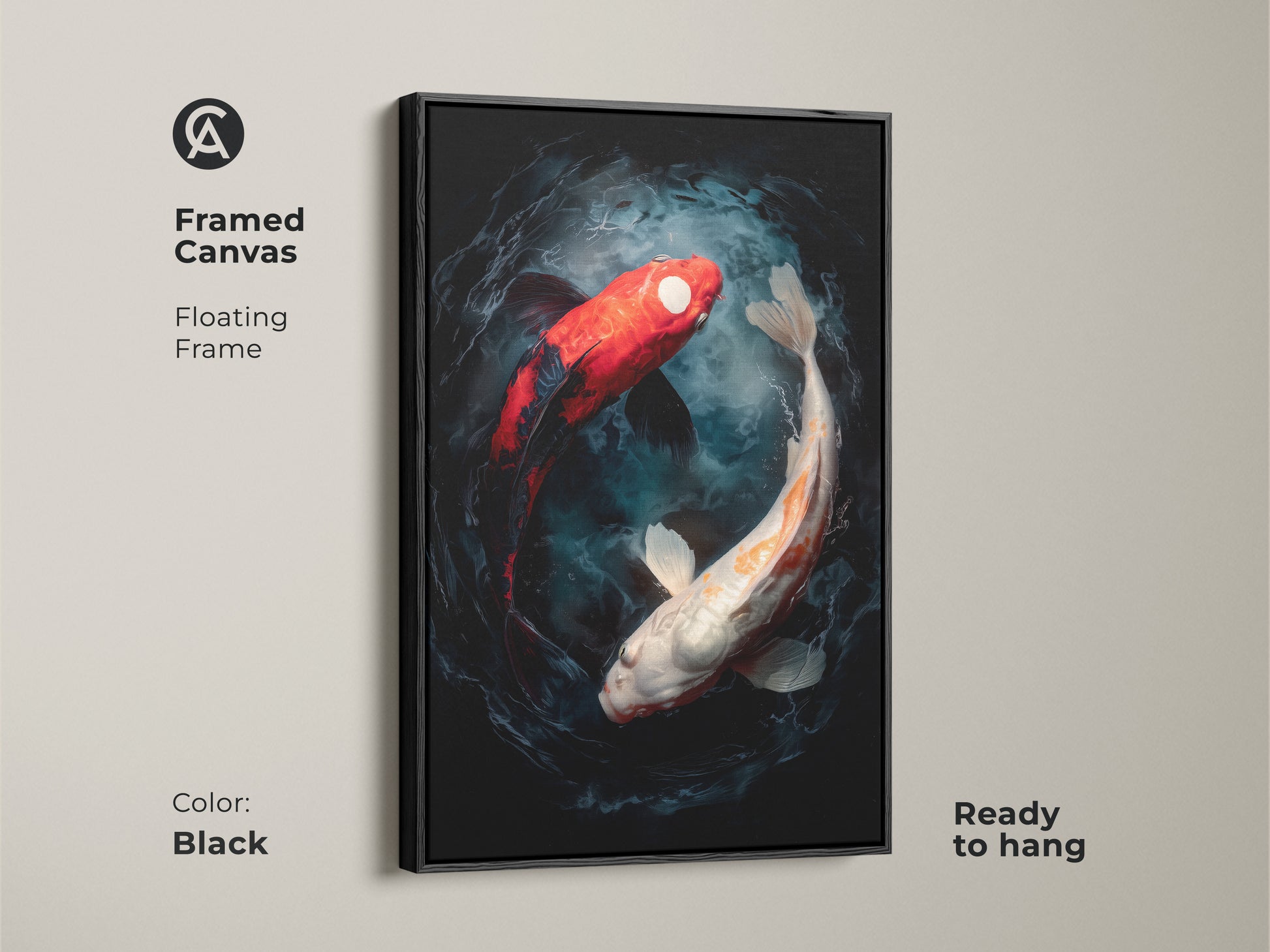A framed canvas print of two koi fish swimming in a yin and yang formation. The artwork is modern and the frame is black. This floating frame canvas art is ready to hang