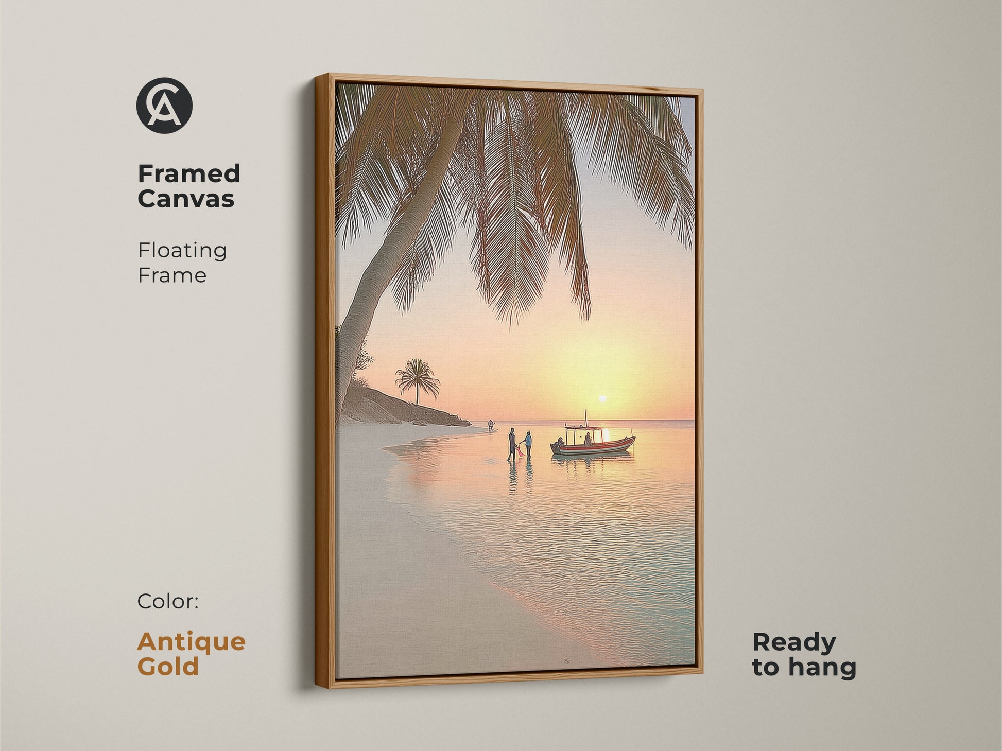 Antique gold framed canvas print featuring a beach sunset. This coastal artwork includes a palm tree boat and figures on the shore. The tropical ocean landscape brings a relaxing ambiance. It is perfect for residential coastal decor and adds warmth to any space.