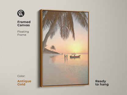 Antique gold framed canvas print featuring a beach sunset. This coastal artwork includes a palm tree boat and figures on the shore. The tropical ocean landscape brings a relaxing ambiance. It is perfect for residential coastal decor and adds warmth to any space.
