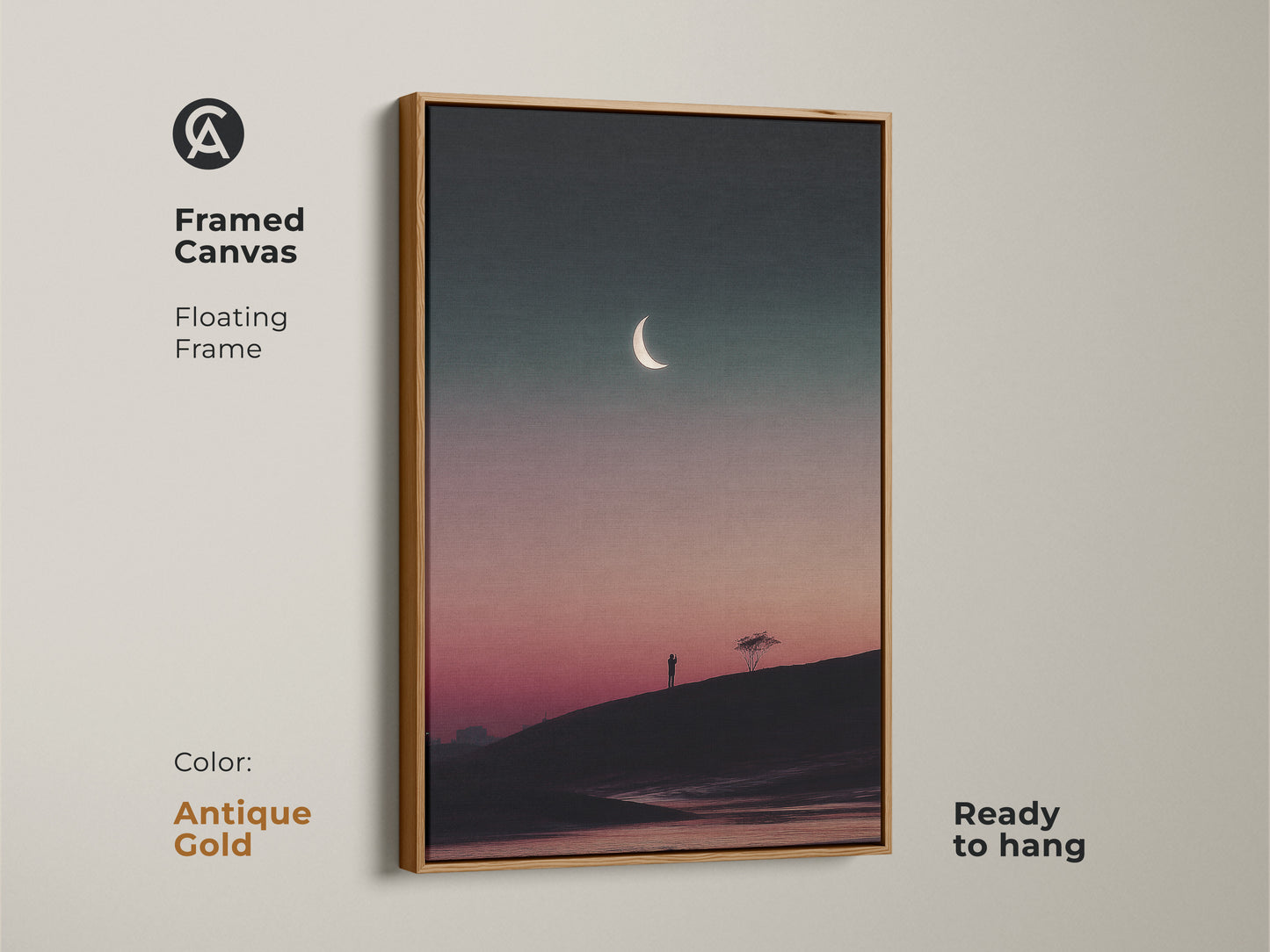 Antique gold framed canvas print of celestial art. The dark teal and pink artwork features a crescent moon. A minimalist tree silhouette creates a surreal nature print. Ready to hang this artwork enhances any room.