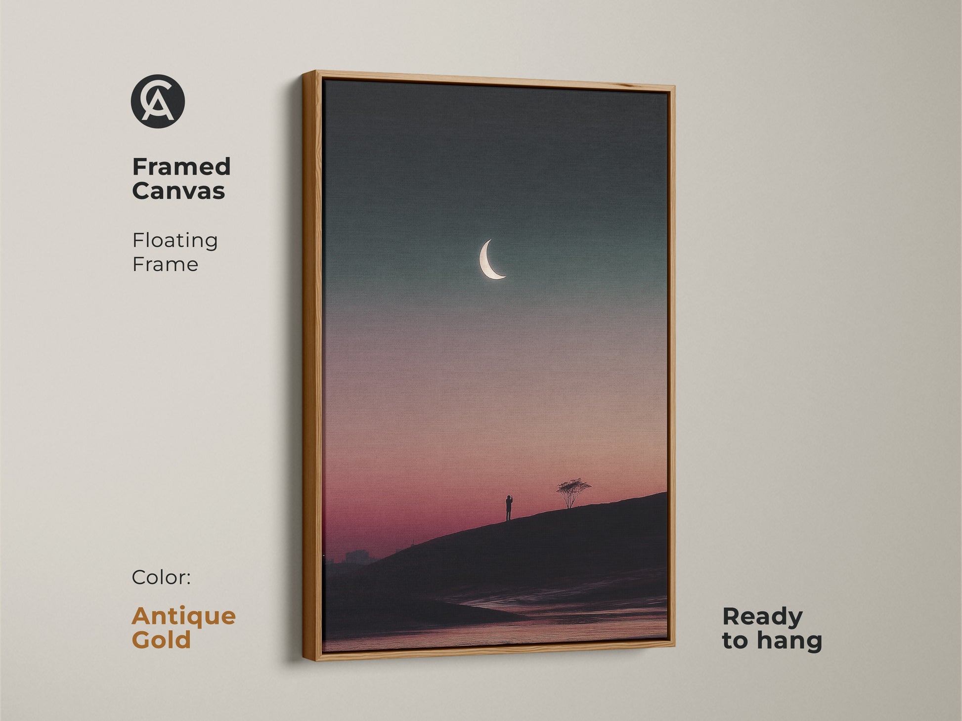Antique gold framed canvas print of celestial art. The dark teal and pink artwork features a crescent moon. A minimalist tree silhouette creates a surreal nature print. Ready to hang this artwork enhances any room.