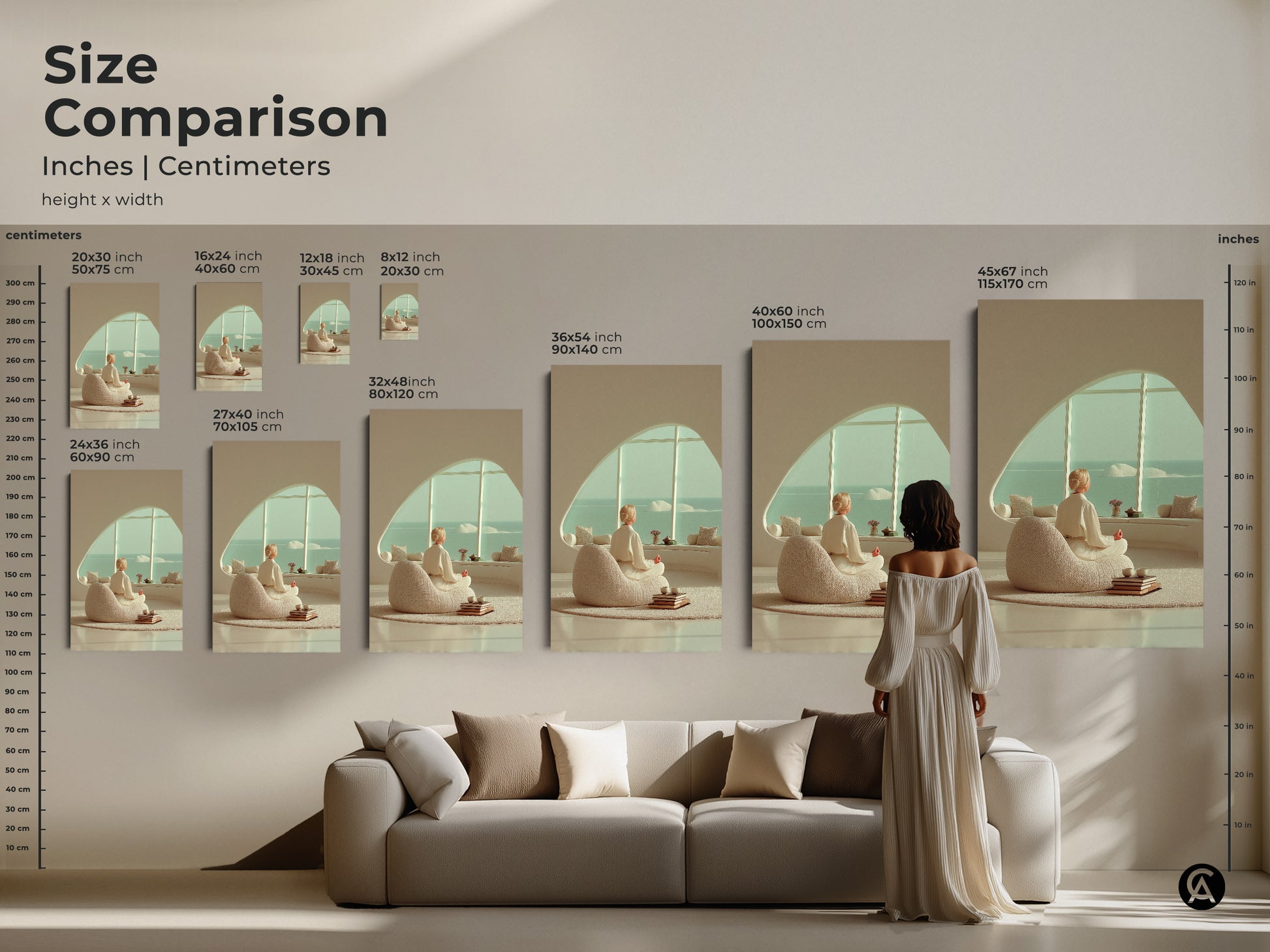 Size Comparison of Minimalist Meditation Artwork. See the zen yoga wall art canvas in various sizes. Visualize how it enhances your scandinavian neutral wall art. Find the ideal size today.