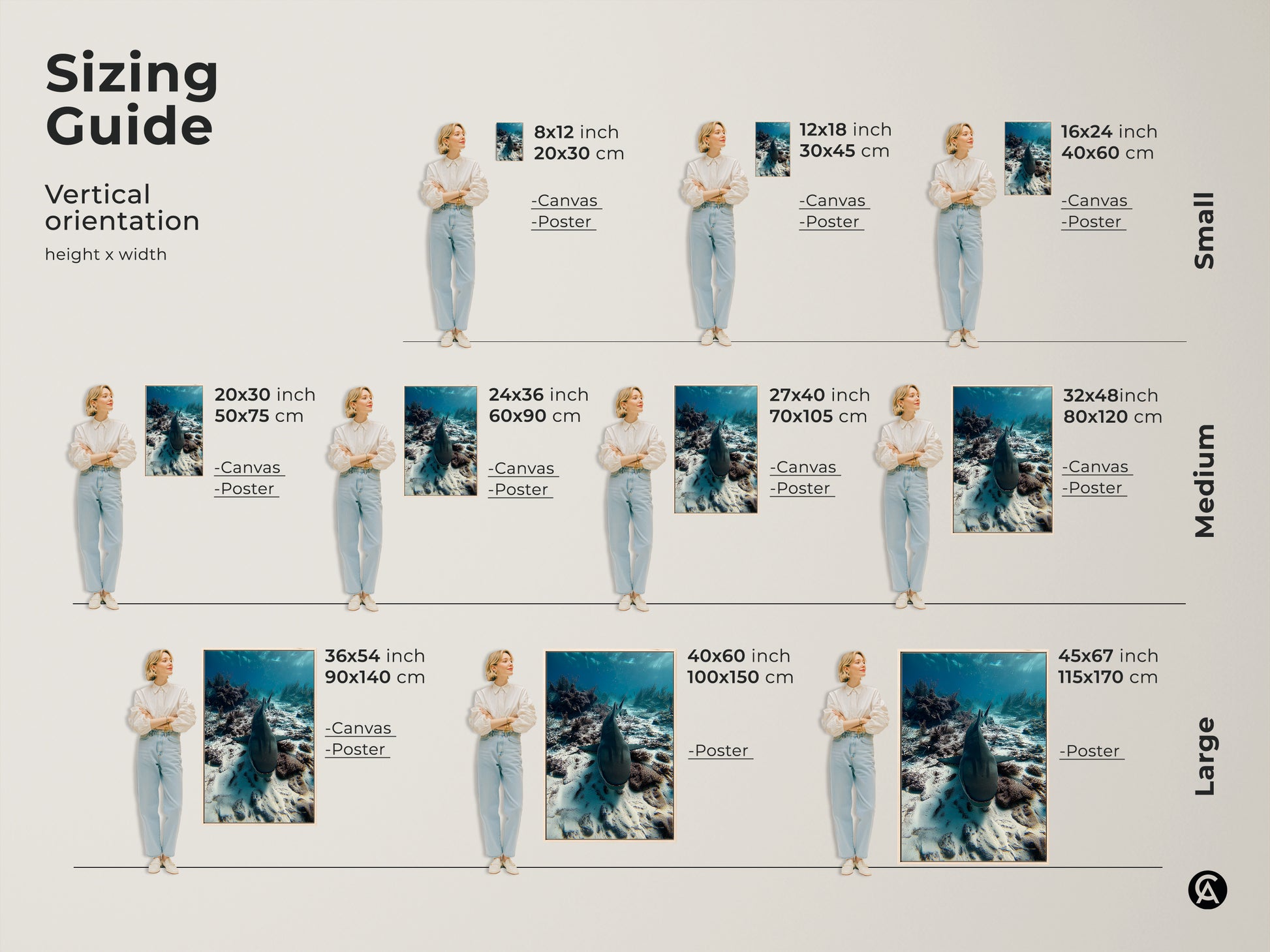 Sizing guide for vertical underwater shark canvas and poster prints. Find the perfect size for your space from small to large. Visualize the artwork with a model for accurate representation. This deep blue artwork is perfect for creating a stunning focal point in any room or office.