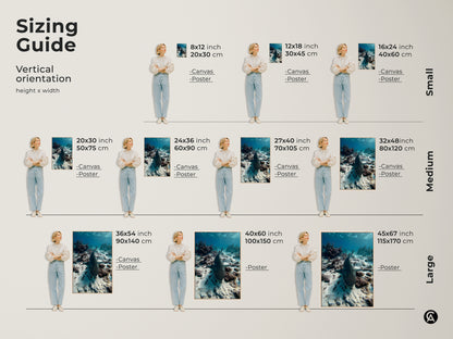 Sizing guide for vertical underwater shark canvas and poster prints. Find the perfect size for your space from small to large. Visualize the artwork with a model for accurate representation. This deep blue artwork is perfect for creating a stunning focal point in any room or office.