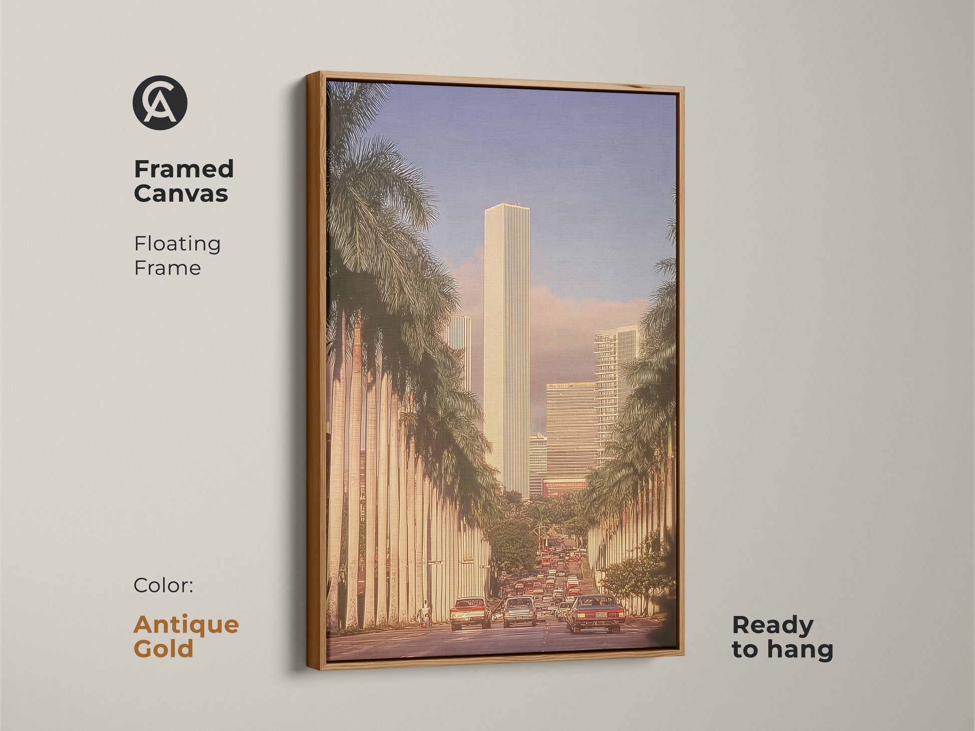 This framed canvas showcases a retro cityscape art piece with skyscrapers and palm trees. The antique gold floating frame enhances the mid-century modern artwork. Ready to hang this golden hour art adds a touch of urban sophistication. It's perfect for any room.
