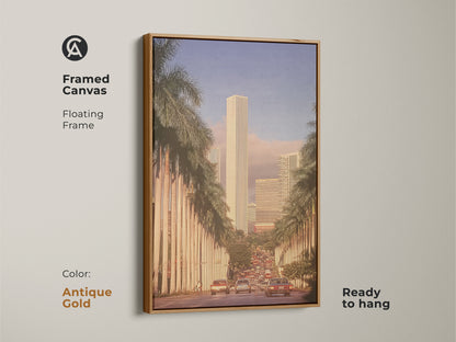 This framed canvas showcases a retro cityscape art piece with skyscrapers and palm trees. The antique gold floating frame enhances the mid-century modern artwork. Ready to hang this golden hour art adds a touch of urban sophistication. It's perfect for any room.