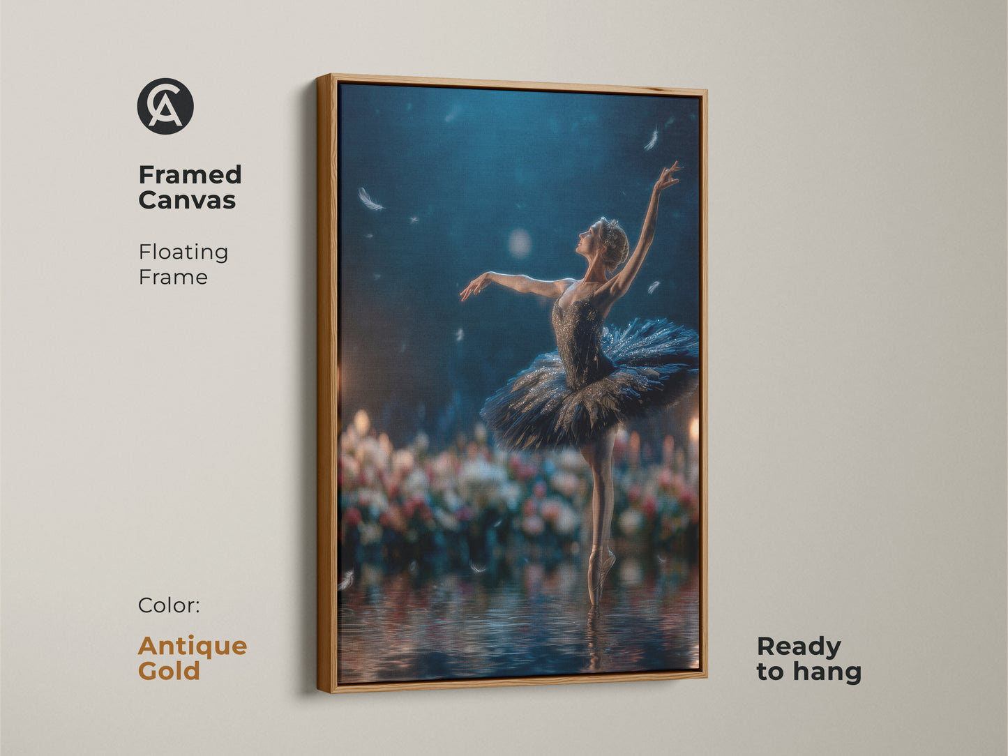 Framed canvas artwork in an antique gold floating frame. The ballerina artwork exudes timeless beauty. Ready to hang this piece adds a touch of luxury. The antique gold frame enhances the artwork's elegance. Ideal for creating a refined and artistic ambiance.