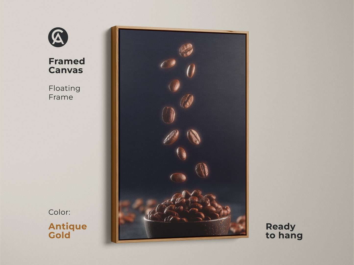 Framed canvas with a floating antique gold frame with falling coffee beans. This unique wall decor is a rich brown coffee print against a navy background. Ready to hang this modern abstract canvas adds an artistic touch to your home decor.