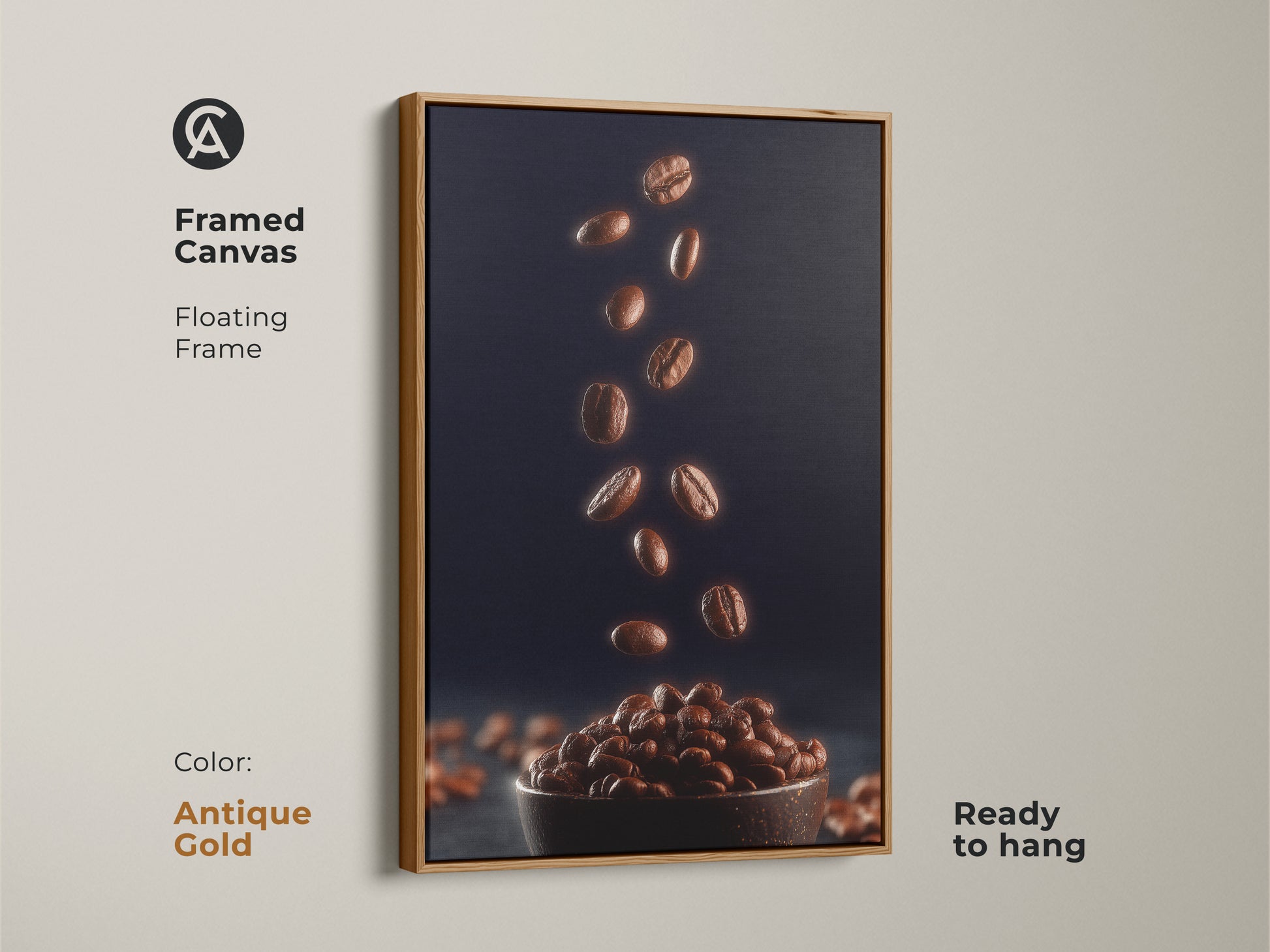 Framed canvas with a floating antique gold frame with falling coffee beans. This unique wall decor is a rich brown coffee print against a navy background. Ready to hang this modern abstract canvas adds an artistic touch to your home decor.