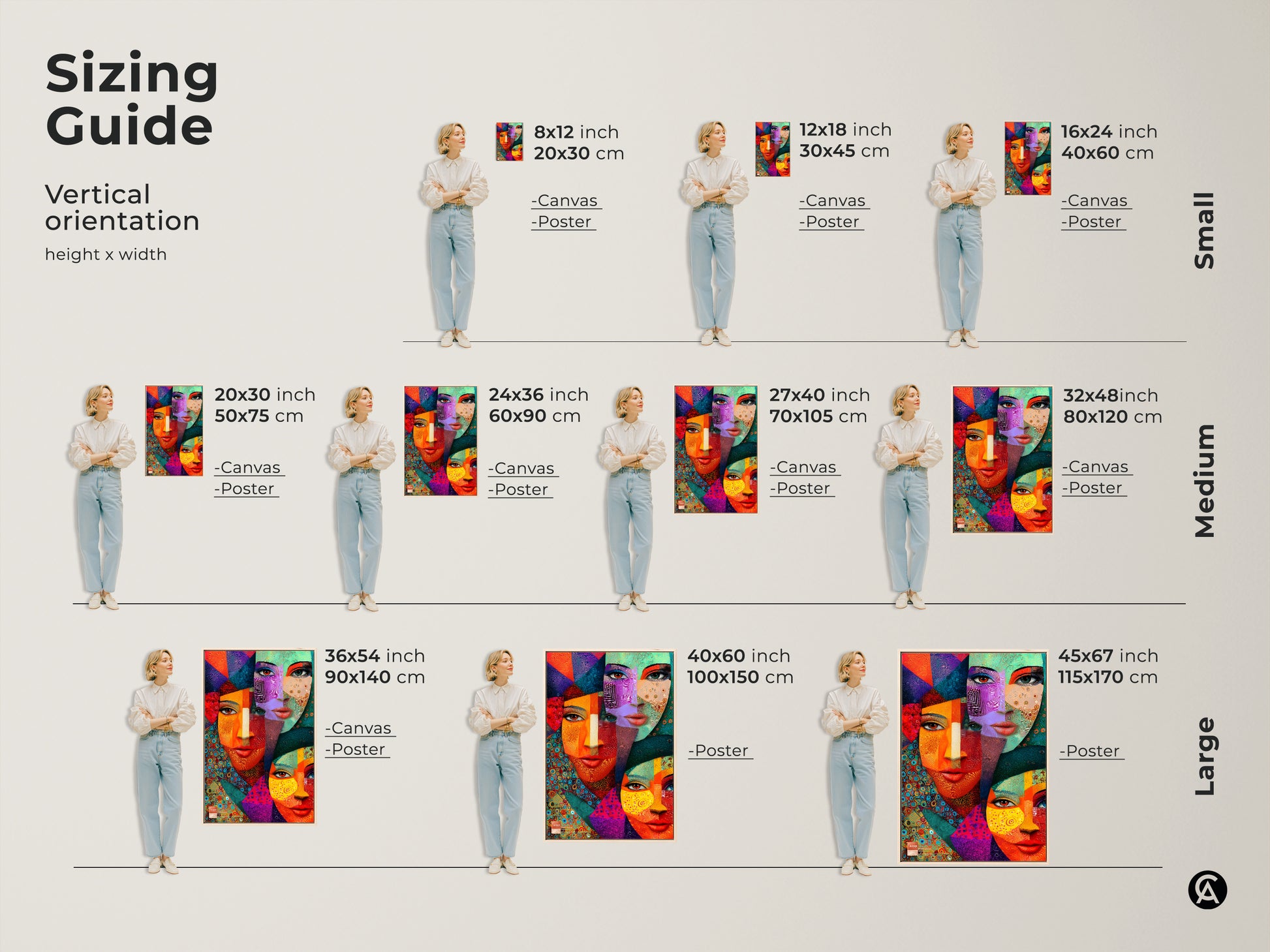Sizing guide for geometric abstract faces art in vertical orientation. See how different sizes of canvas and poster prints fit. Visualize the teal orange and red cubist portrait. Perfect for planning your eclectic modern wall decor.