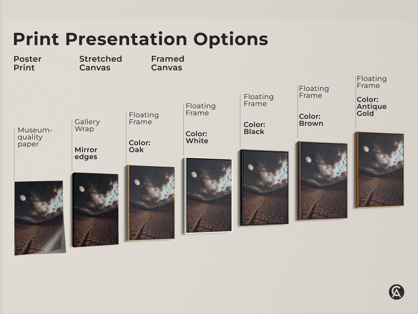 Print presentation options include poster print stretched canvas and framed canvas. Museum quality paper with mirror edges and floating frame. Various colors are available.