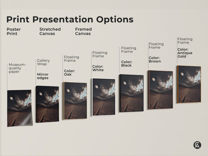 Print presentation options include poster print stretched canvas and framed canvas. Museum quality paper with mirror edges and floating frame. Various colors are available.