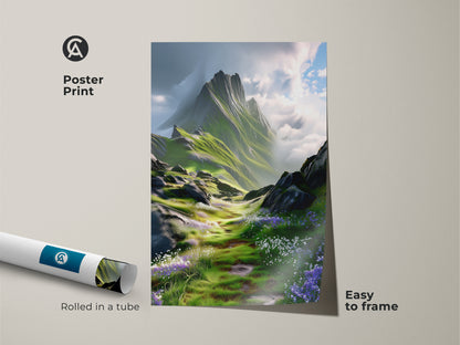 Poster print of a green and blue mountain landscape. Impressionistic wildflower scenery. This nature artwork is easy to frame for home decor. Rolled in a tube for protection.